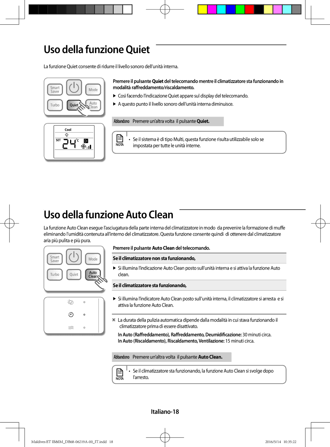 Samsung AR12JSFPEWQNET, AR09JSFPEWQNET, AR07JSFPEWQNEU Uso della funzione Quiet, Uso della funzione Auto Clean, Italiano-18 