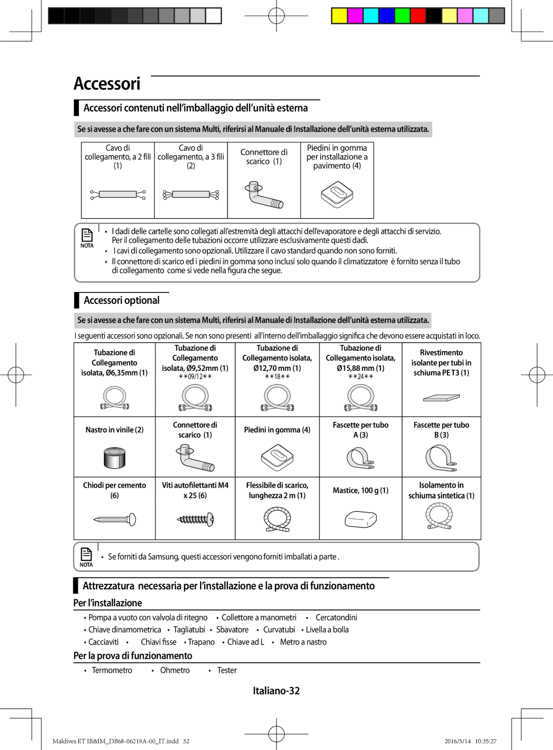 Samsung AR07JSFPEWQNEU manual Accessori contenuti nell’imballaggio dell’unità esterna, Accessori optional, Italiano-32 