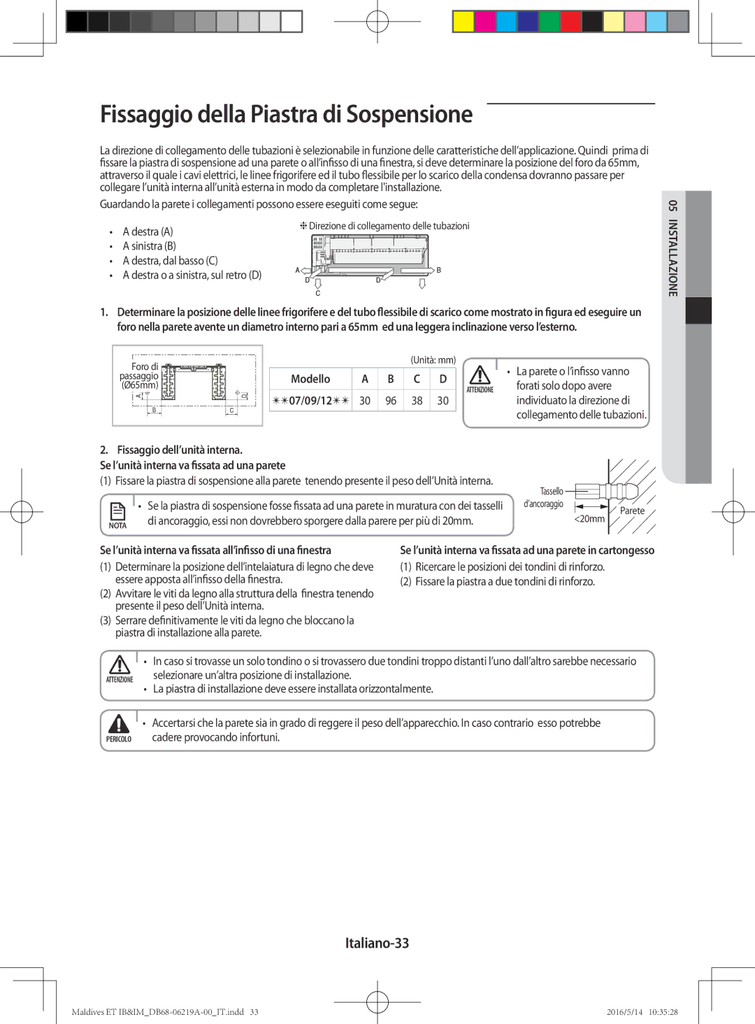 Samsung AR12JSFPEWQNET, AR09JSFPEWQNET, AR07JSFPEWQNEU manual Fissaggio della Piastra di Sospensione, Italiano-33 