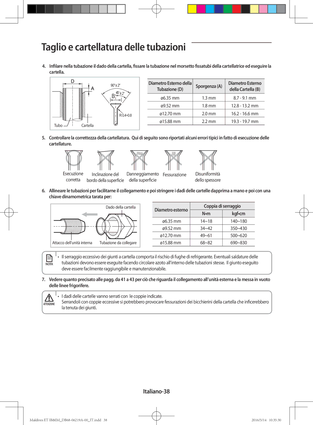 Samsung AR07JSFPEWQNEU, AR12JSFPEWQNET, AR09JSFPEWQNET manual Italiano-38, La tenuta dei giunti 