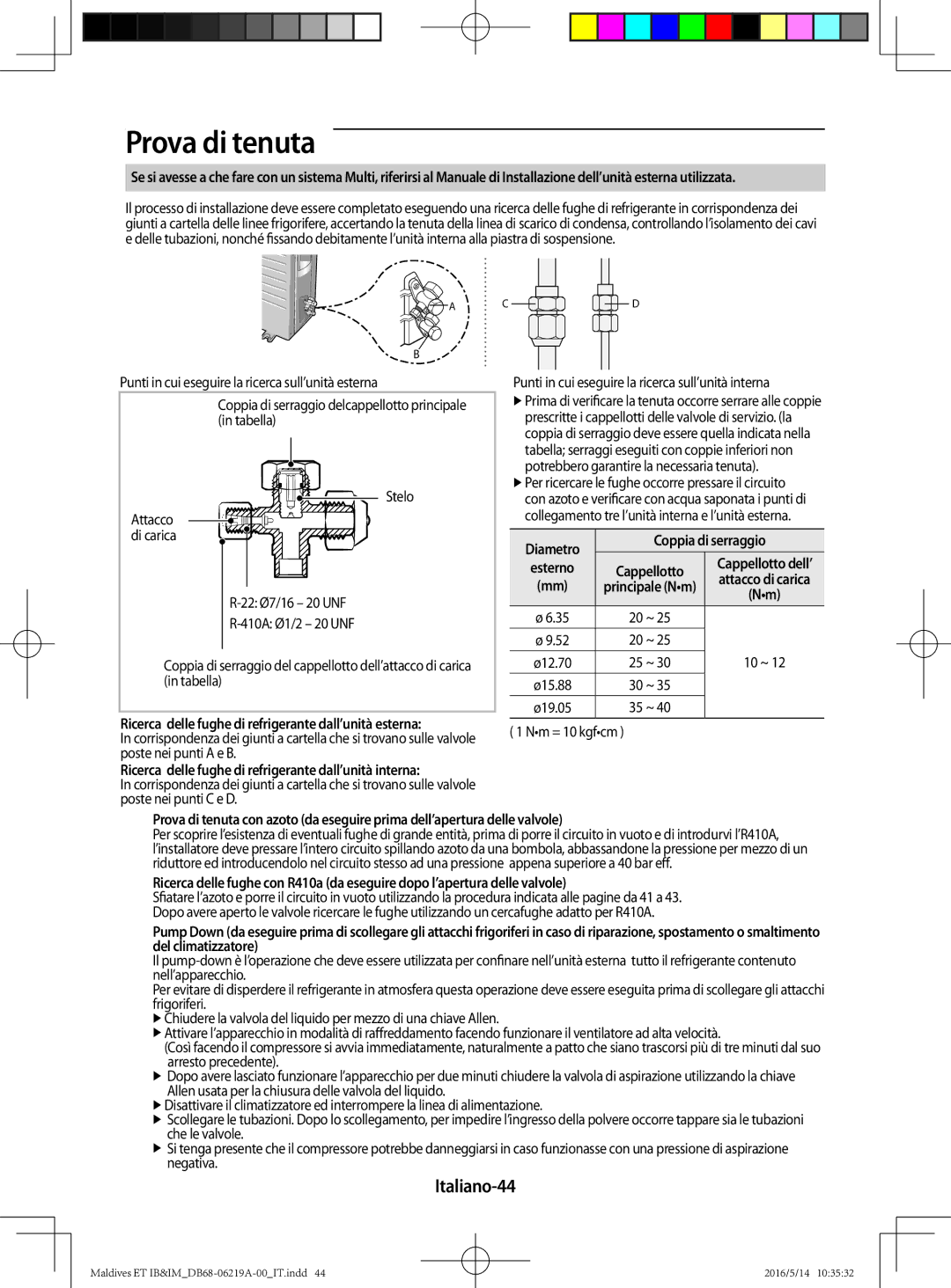 Samsung AR07JSFPEWQNEU, AR12JSFPEWQNET Prova di tenuta, Italiano-44, Coppia di serraggio, Nm = 10 kgfcm, Attacco di carica 