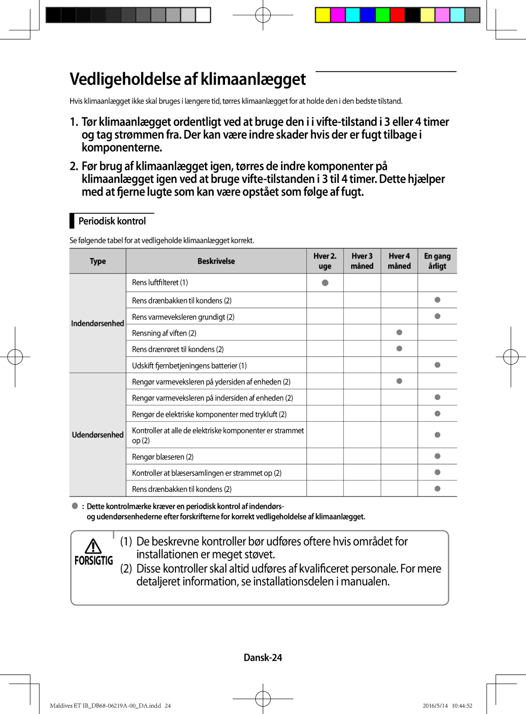 Samsung AR12JSFPEWQNET, AR09JSFPEWQNET, AR07JSFPEWQNEU manual Vedligeholdelse af klimaanlægget, Dansk-24 