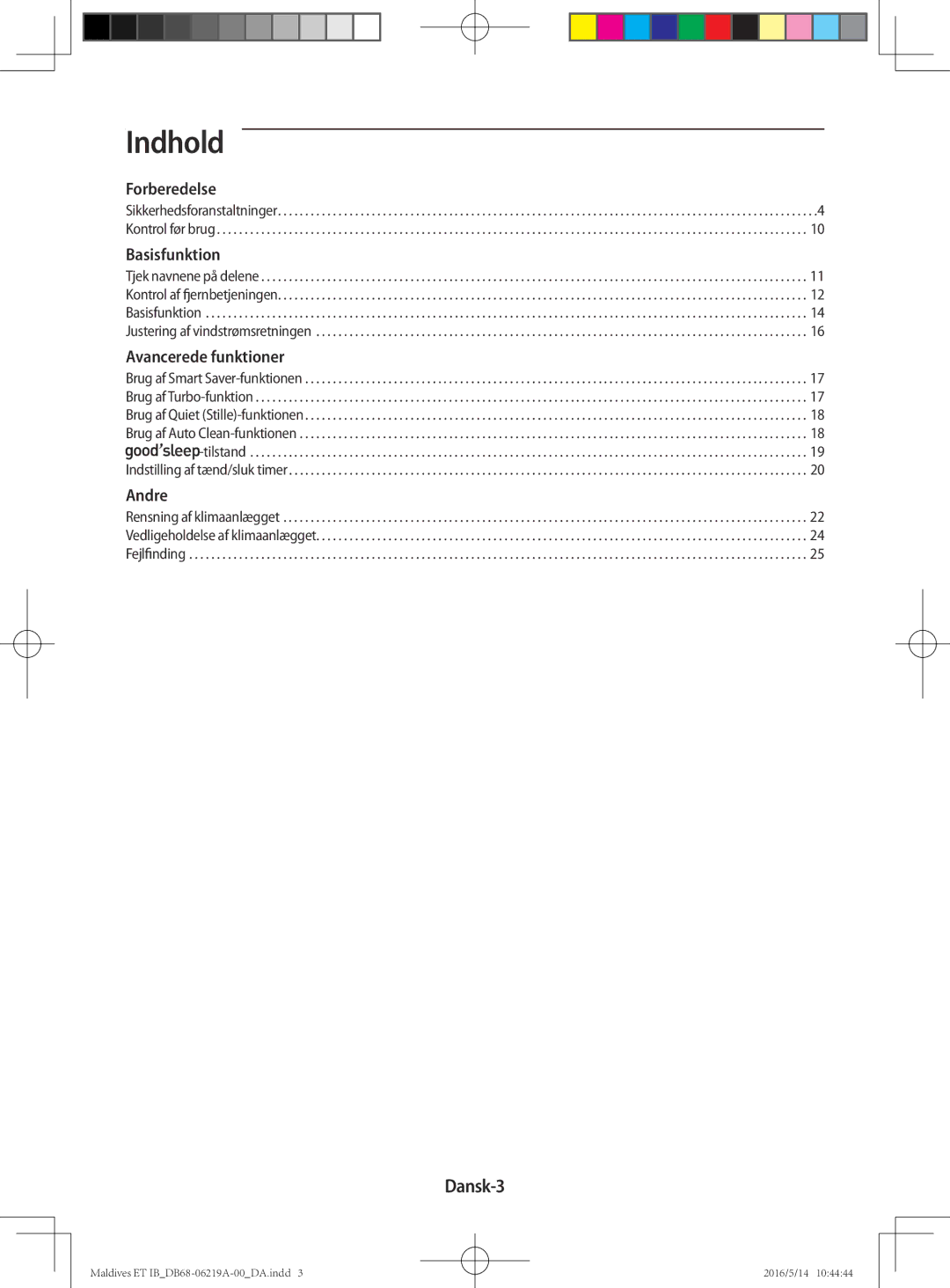 Samsung AR12JSFPEWQNET, AR09JSFPEWQNET, AR07JSFPEWQNEU manual Indhold, Dansk-3 