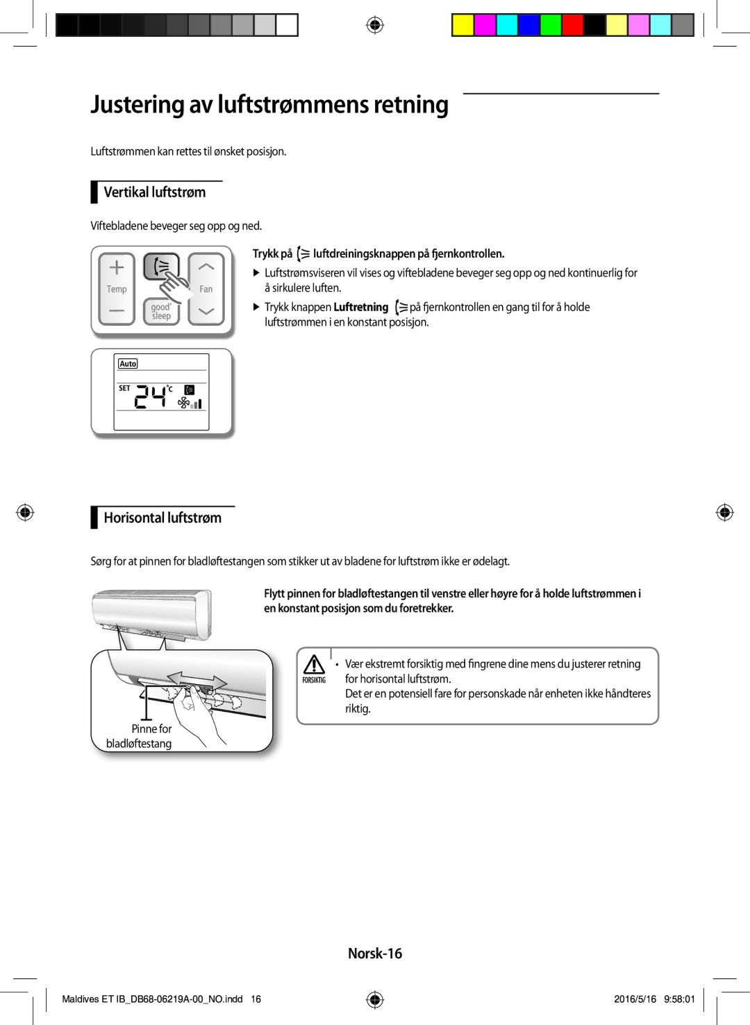 Samsung AR09JSFPEWQNET manual Justering av luftstrømmens retning, Vertikal luftstrøm, Horisontal luftstrøm, Norsk-16 