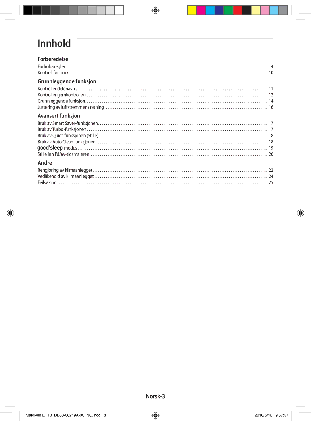 Samsung AR12JSFPEWQNET, AR09JSFPEWQNET, AR07JSFPEWQNEU manual Innhold, Norsk-3 