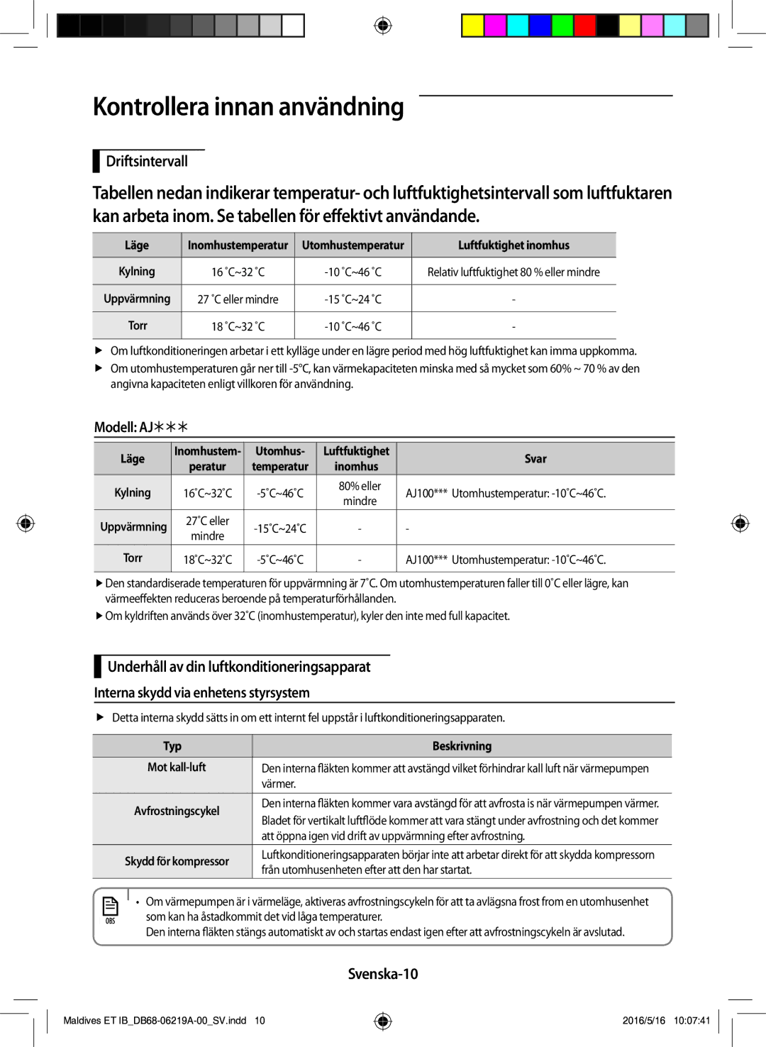 Samsung AR09JSFPEWQNET, AR12JSFPEWQNET manual Kontrollera innan användning, Driftsintervall, Modell AJ, Svenska-10 