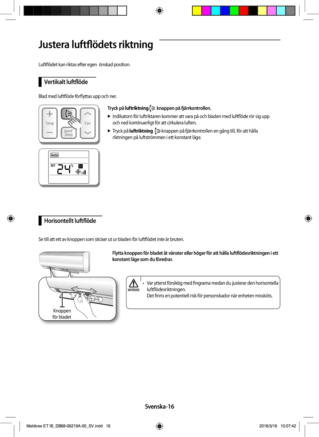 Samsung AR09JSFPEWQNET manual Justera luftflödets riktning, Vertikalt luftflöde, Horisontellt luftflöde, Svenska-16 