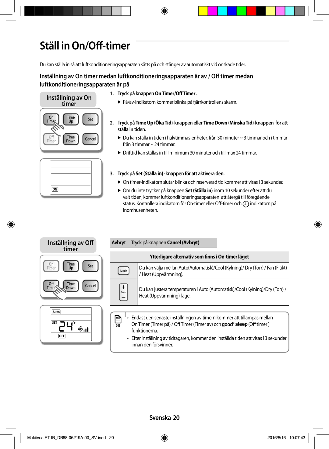 Samsung AR07JSFPEWQNEU, AR12JSFPEWQNET manual Ställ in On/Off-timer, Svenska-20, Tryck på knappen On Timer/Off Timer 