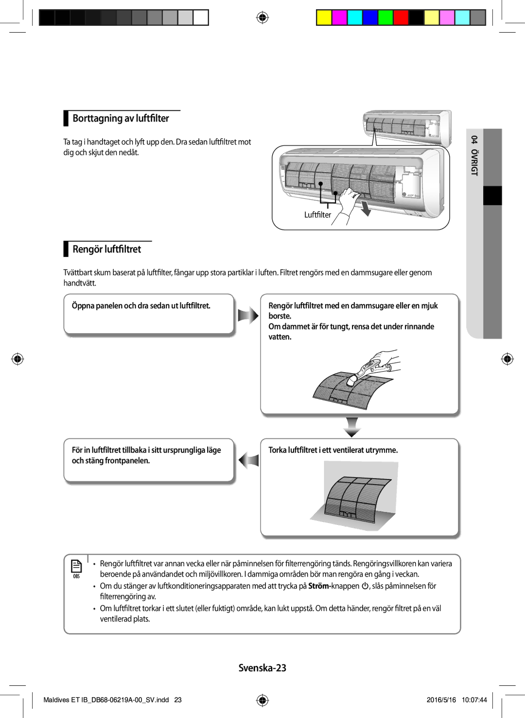 Samsung AR07JSFPEWQNEU, AR12JSFPEWQNET, AR09JSFPEWQNET manual Borttagning av luftfilter, Rengör luftfiltret, Svenska-23 