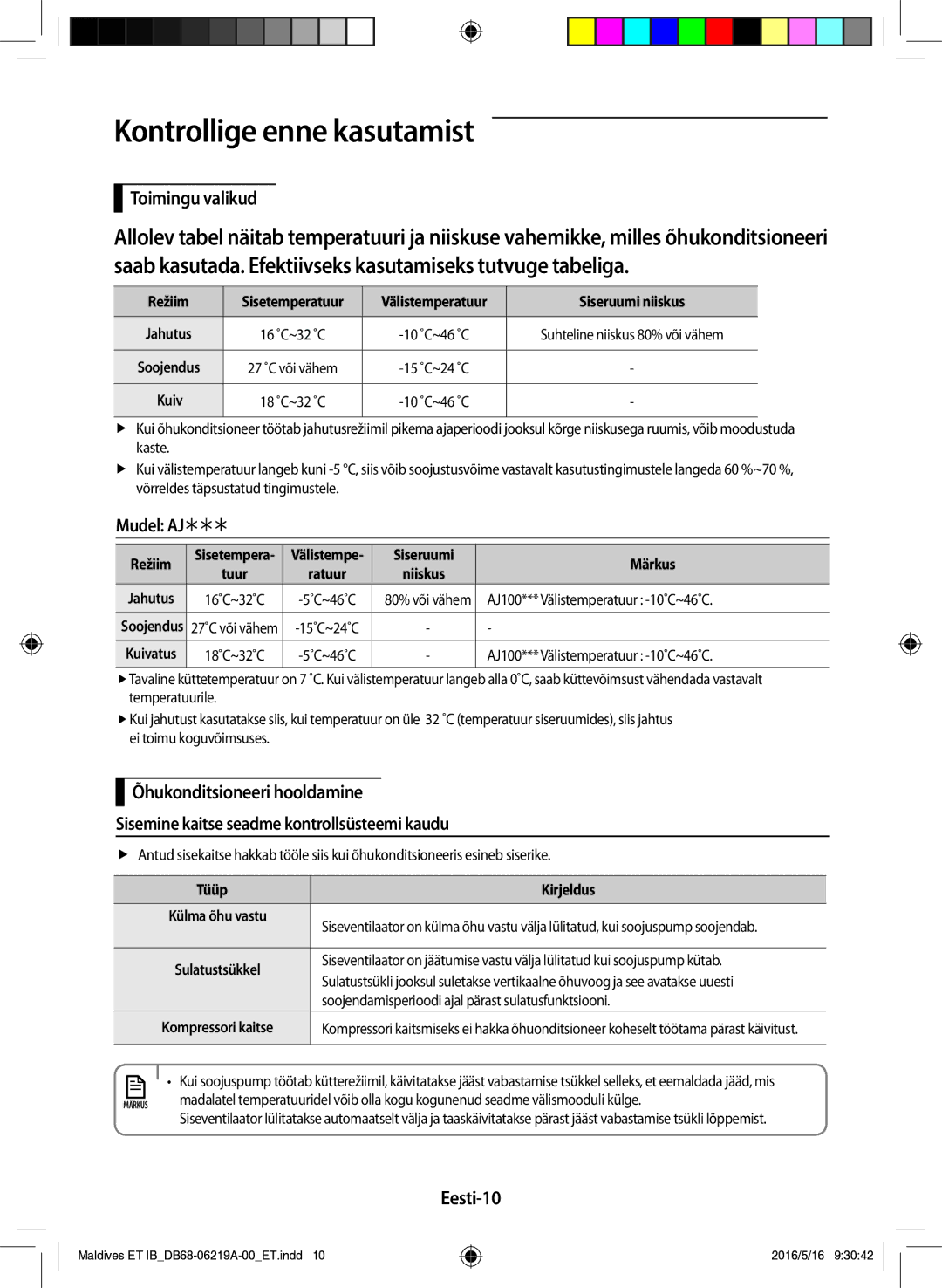 Samsung AR09JSFPEWQNET, AR12JSFPEWQNET, AR07JSFPEWQNEU manual Kontrollige enne kasutamist, Mudel AJ, Eesti-10 