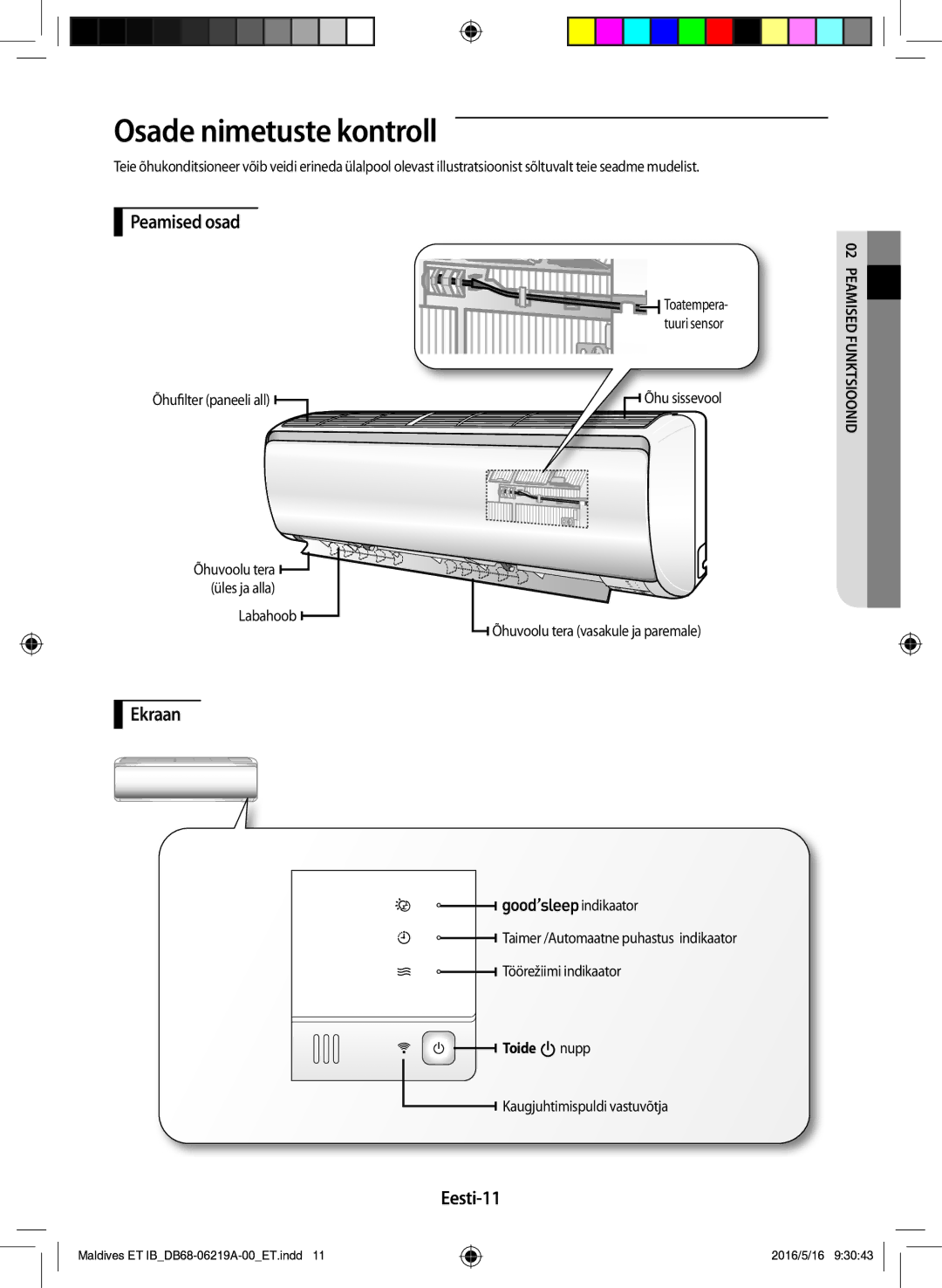 Samsung AR07JSFPEWQNEU, AR12JSFPEWQNET manual Osade nimetuste kontroll, Peamised osad, Ekraan, Eesti-11, Toide nupp 