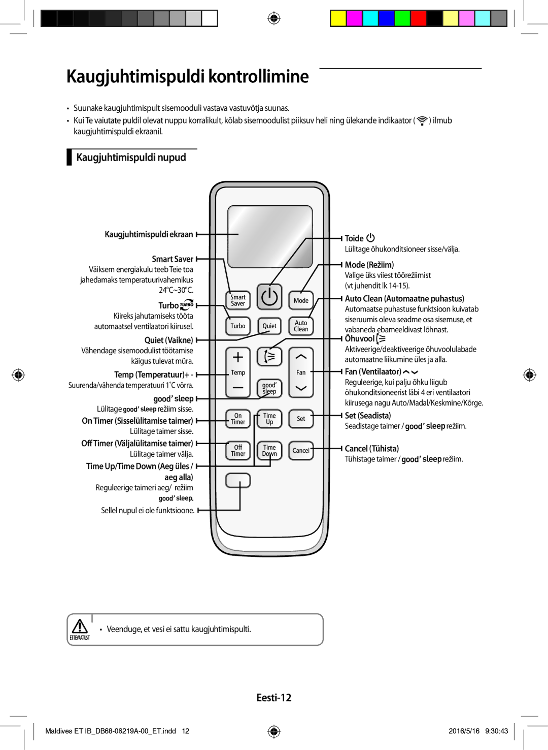 Samsung AR12JSFPEWQNET, AR09JSFPEWQNET, AR07JSFPEWQNEU Kaugjuhtimispuldi kontrollimine, Kaugjuhtimispuldi nupud, Eesti-12 