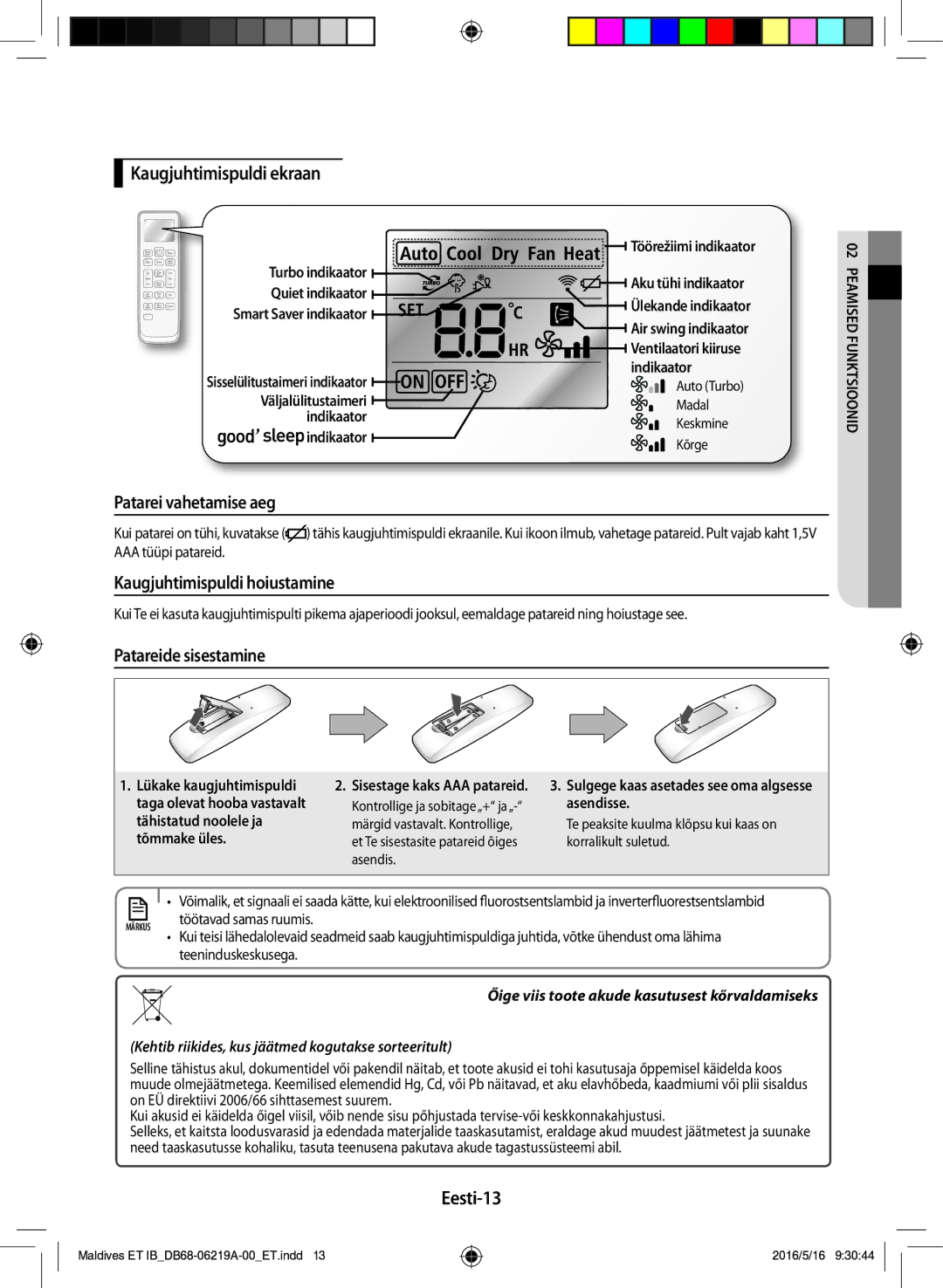 Samsung AR09JSFPEWQNET manual Kaugjuhtimispuldi ekraan, Patarei vahetamise aeg, Kaugjuhtimispuldi hoiustamine, Eesti-13 