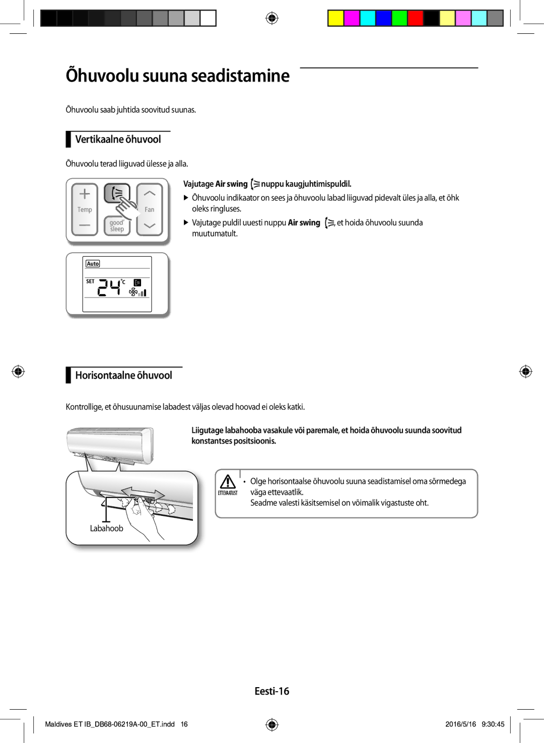 Samsung AR09JSFPEWQNET, AR12JSFPEWQNET Õhuvoolu suuna seadistamine, Vertikaalne õhuvool, Horisontaalne õhuvool, Eesti-16 