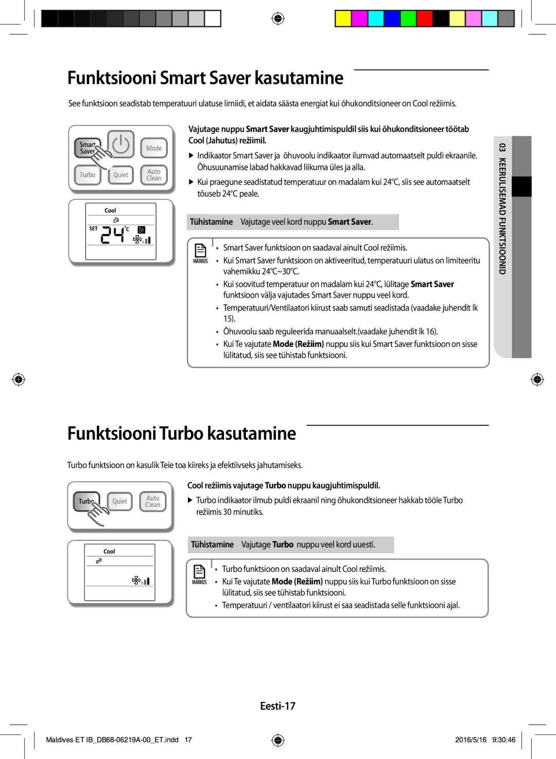 Samsung AR07JSFPEWQNEU Funktsiooni Smart Saver kasutamine, Funktsiooni Turbo kasutamine, Eesti-17, Cool Jahutus režiimil 