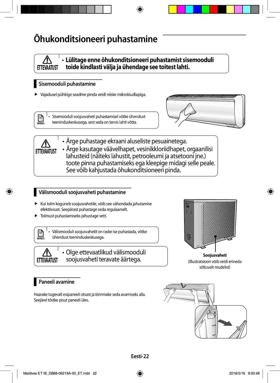 Samsung AR09JSFPEWQNET, AR12JSFPEWQNET manual Õhukonditsioneeri puhastamine, See võib kahjustada õhukonditsioneeri pinda 