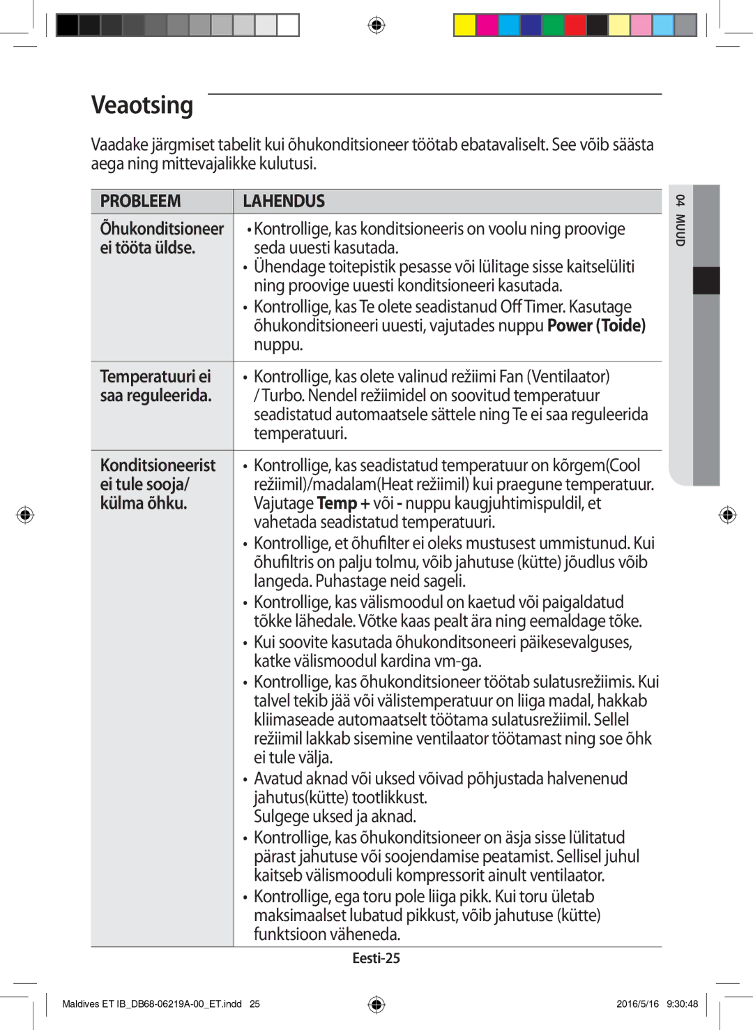 Samsung AR09JSFPEWQNET, AR12JSFPEWQNET, AR07JSFPEWQNEU manual Veaotsing, Ei tööta üldse, Ei tule sooja, Külma õhku 