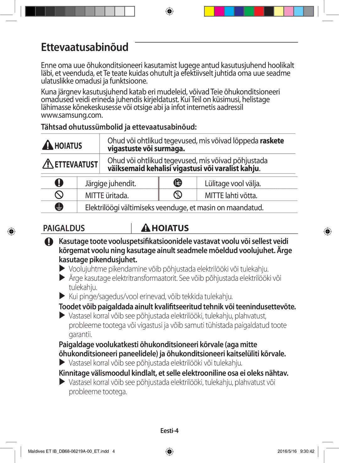 Samsung AR09JSFPEWQNET manual Ettevaatusabinõud, Paigaldus Hoiatus, Tähtsad ohutussümbolid ja ettevaatusabinõud, Eesti-4 