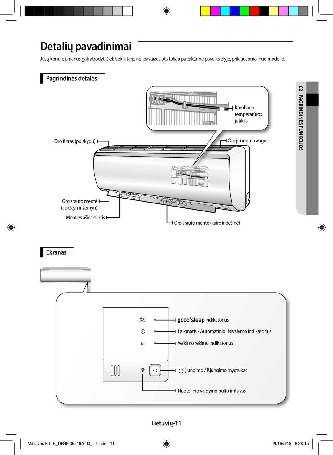 Samsung AR07JSFPEWQNEU, AR12JSFPEWQNET, AR09JSFPEWQNET manual Detalių pavadinimai, Pagrindinės detalės, Ekranas, Lietuvių-11 