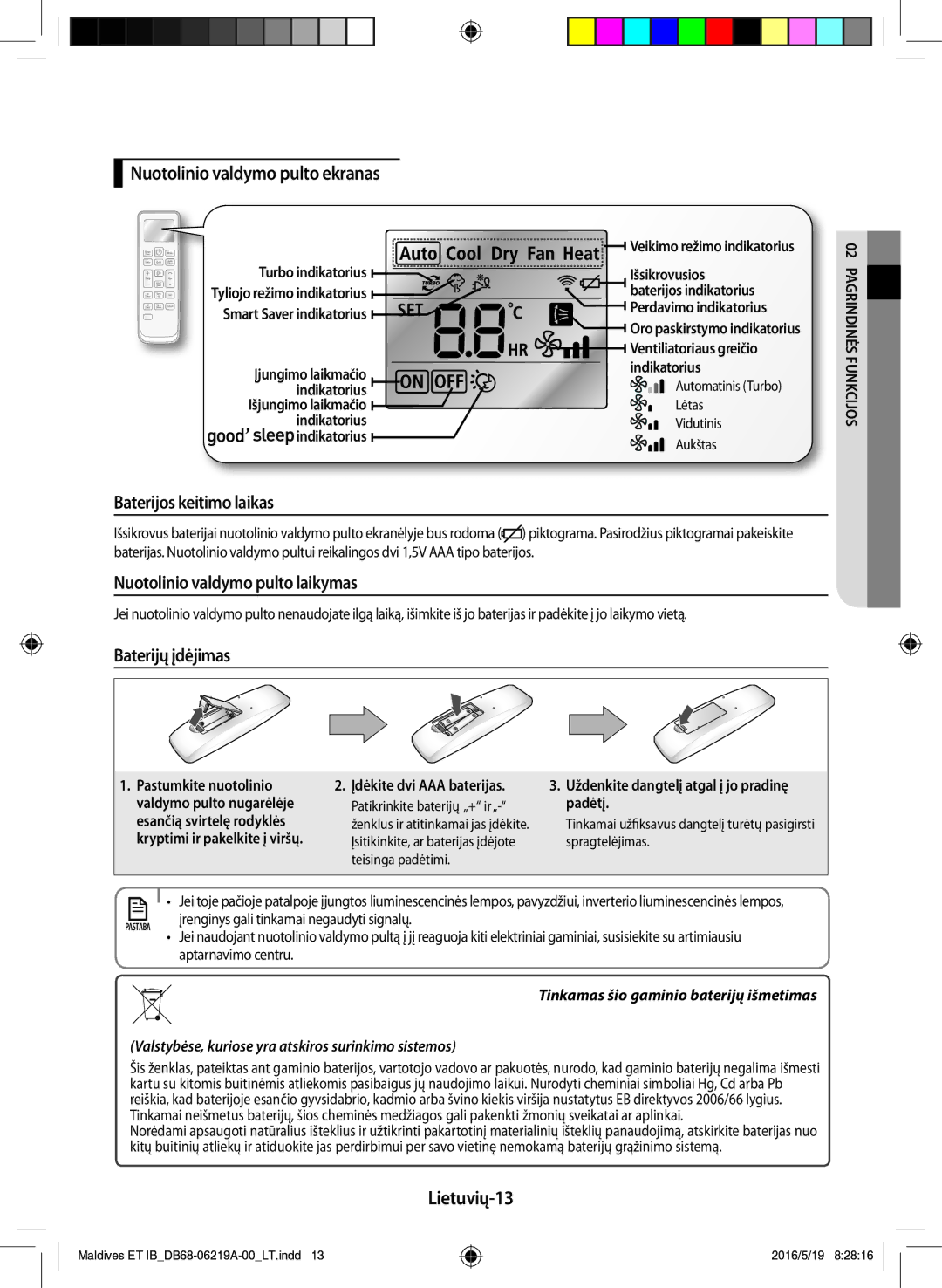 Samsung AR09JSFPEWQNET manual Nuotolinio valdymo pulto ekranas, Baterijos keitimo laikas, Nuotolinio valdymo pulto laikymas 