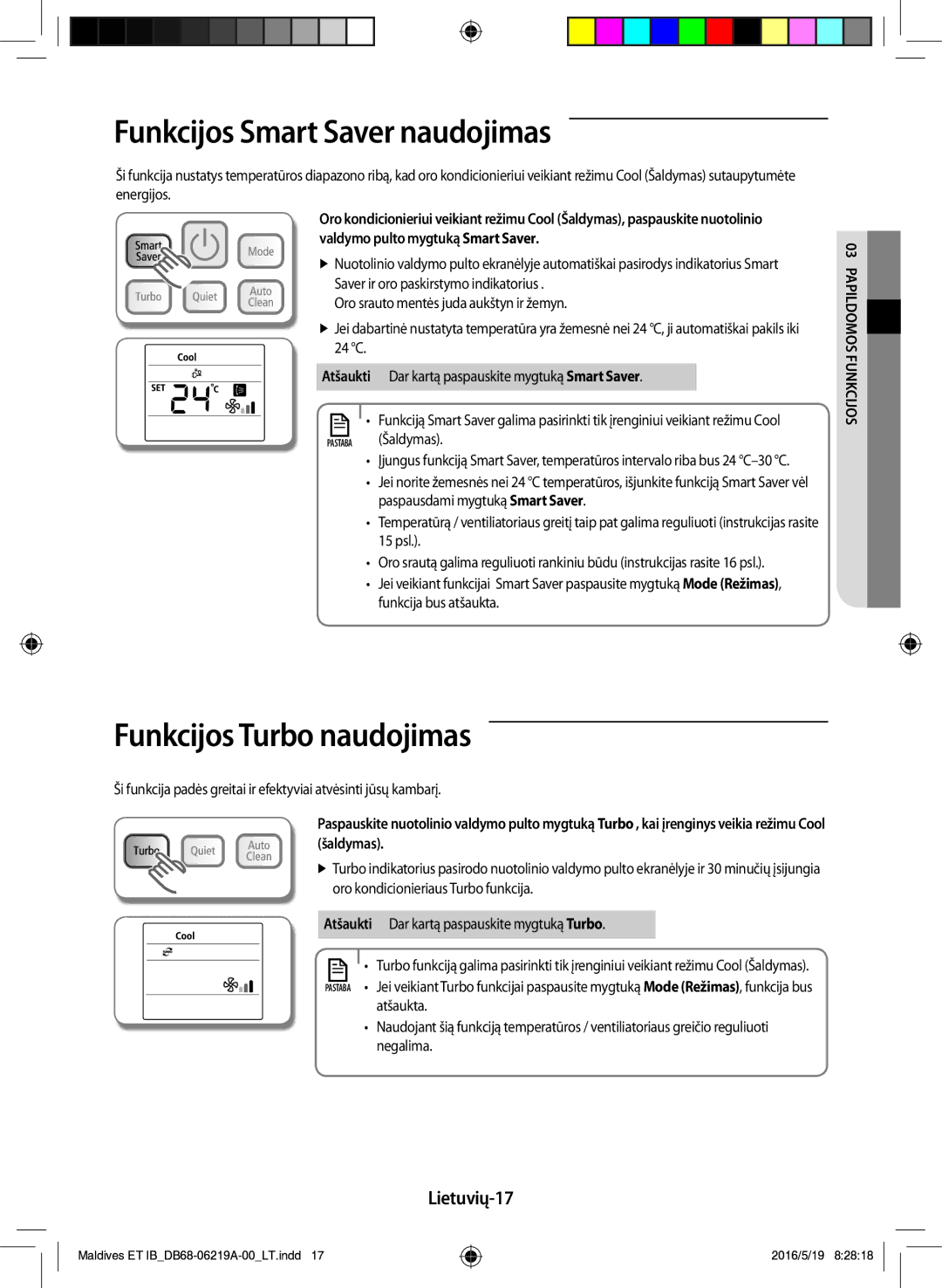 Samsung AR07JSFPEWQNEU, AR12JSFPEWQNET manual Funkcijos Smart Saver naudojimas, Funkcijos Turbo naudojimas, Lietuvių-17 