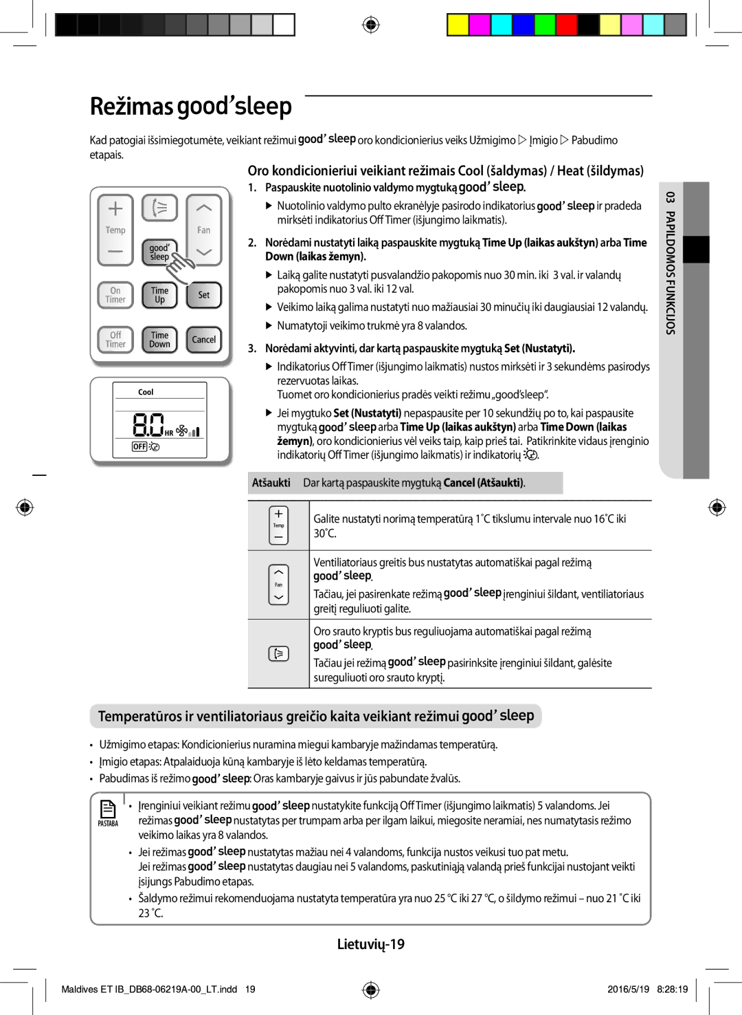 Samsung AR09JSFPEWQNET manual Režimas, Lietuvių-19, Paspauskite nuotolinio valdymo mygtuką, Iomold03p Pa k sfunoj ci 