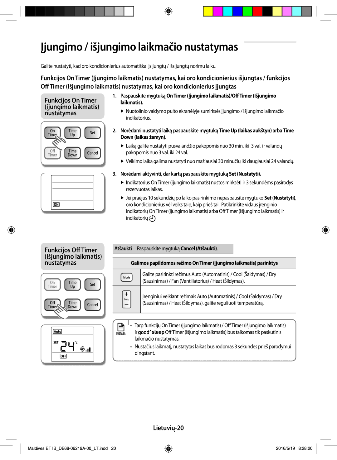 Samsung AR07JSFPEWQNEU, AR12JSFPEWQNET, AR09JSFPEWQNET manual Įjungimo / išjungimo laikmačio nustatymas, Lietuvių-20 