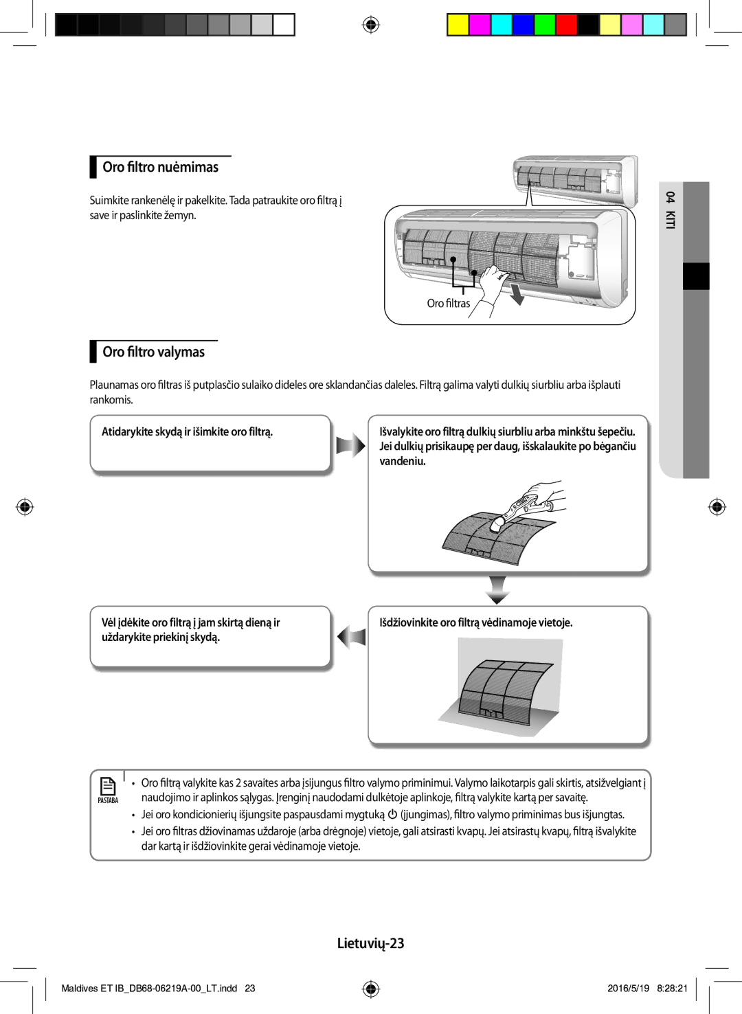 Samsung AR07JSFPEWQNEU, AR12JSFPEWQNET, AR09JSFPEWQNET manual Oro filtro nuėmimas, Oro filtro valymas, Lietuvių-23 