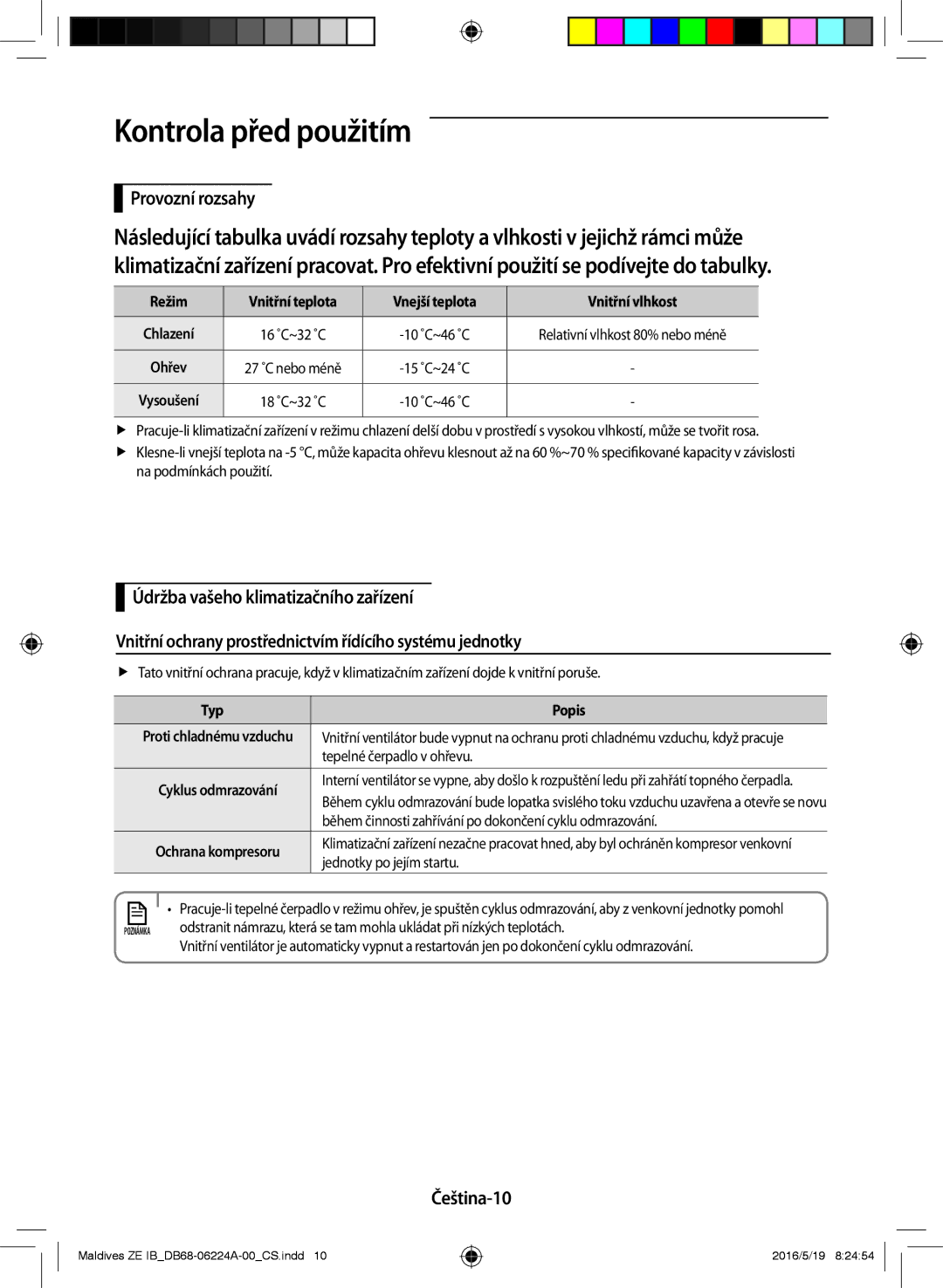 Samsung AR09JSFPEWQNET, AR12JSFPEWQNET, AR09JSFPEWQNZE manual Kontrola před použitím, Provozní rozsahy, Čeština-10 