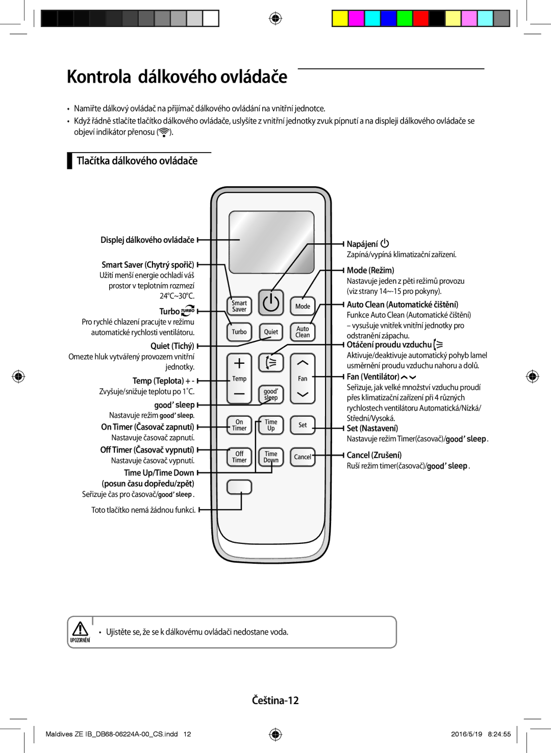 Samsung AR12JSFPEWQNET, AR09JSFPEWQNET, AR09JSFPEWQNZE Kontrola dálkového ovládače, Tlačítka dálkového ovládače, Čeština-12 