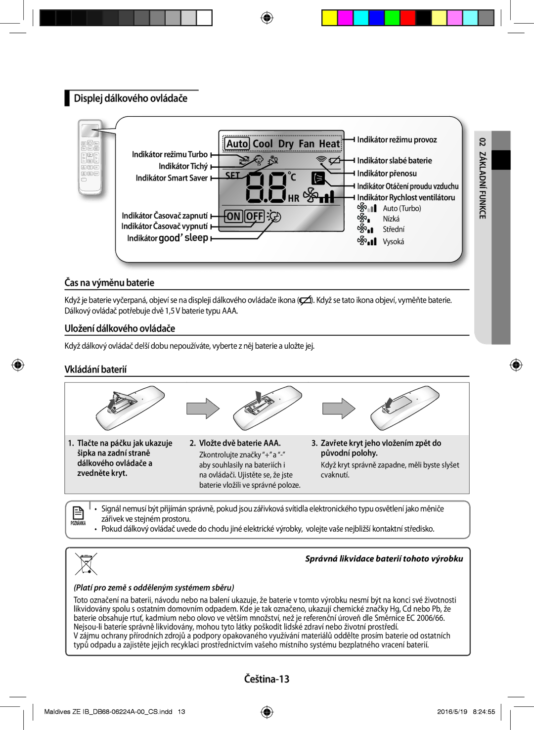 Samsung AR09JSFPEWQNET, AR12JSFPEWQNET manual Displej dálkového ovládače, Uložení dálkového ovládače, Vkládání baterií 