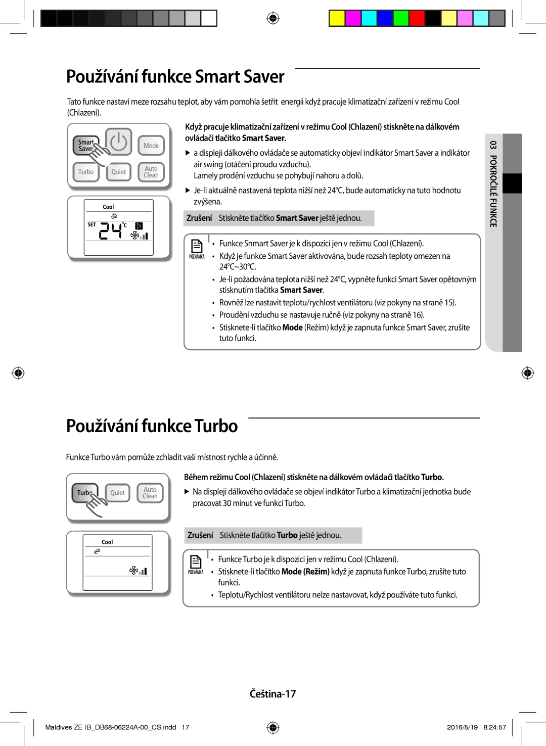 Samsung AR09JSFPEWQNZE, AR12JSFPEWQNET Používání funkce Smart Saver, Používání funkce Turbo, Čeština-17, Ilé roč03fun Pok 