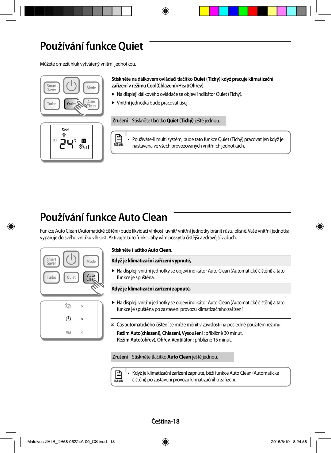 Samsung AR12JSFPEWQNET, AR09JSFPEWQNET, AR09JSFPEWQNZE manual Používání funkce Quiet, Používání funkce Auto Clean, Čeština-18 