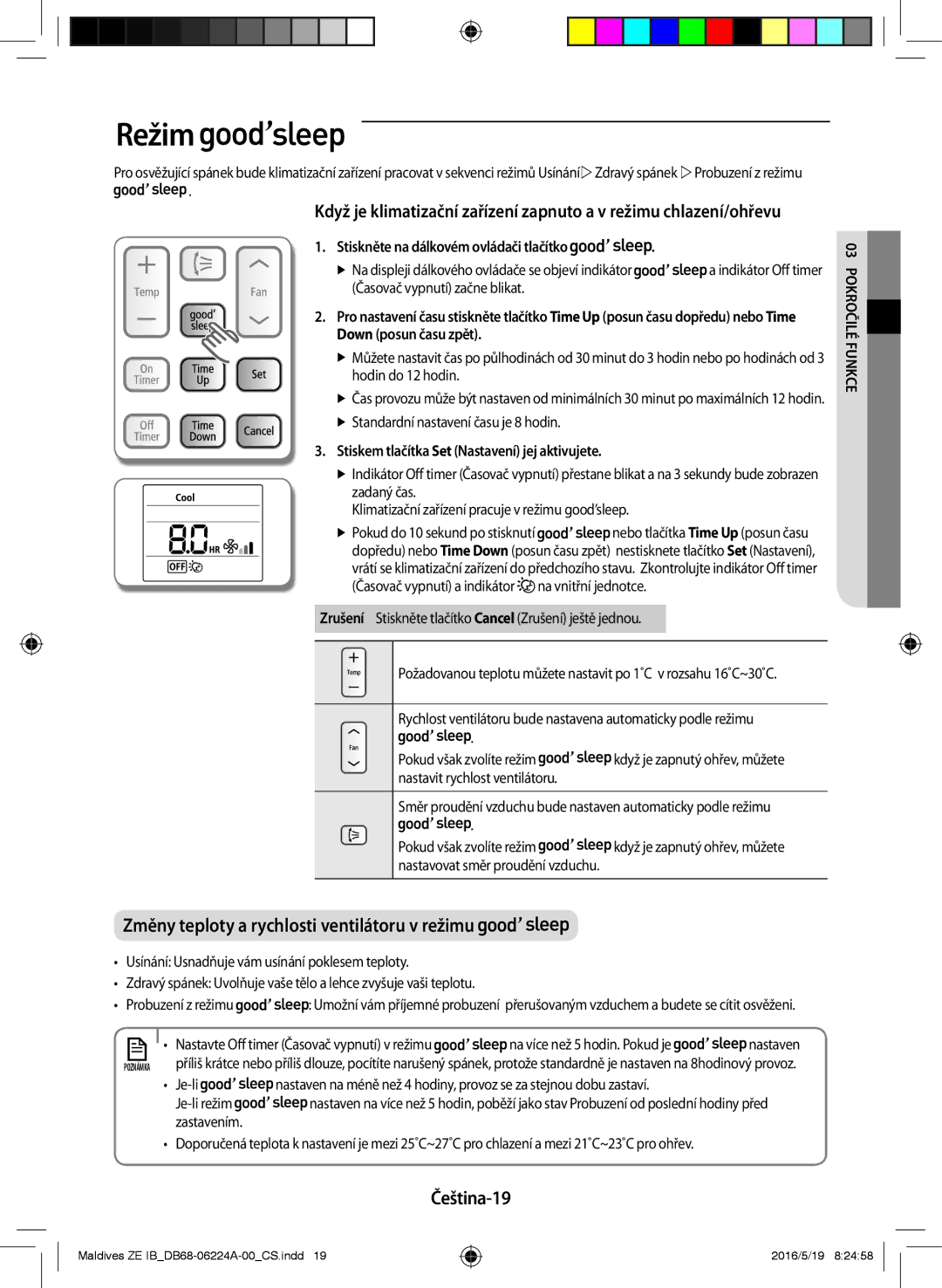 Samsung AR09JSFPEWQNET, AR12JSFPEWQNET, AR09JSFPEWQNZE manual Režim, Čeština-19, Stiskněte na dálkovém ovládači tlačítko 