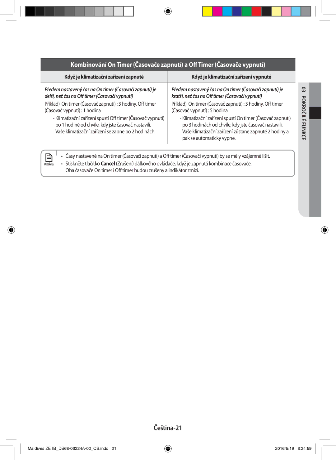 Samsung AR12JSFPEWQNET, AR09JSFPEWQNET, AR09JSFPEWQNZE manual Čeština-21, Časovač vypnutí 1 hodina Časovač vypnutí 5 hodina 