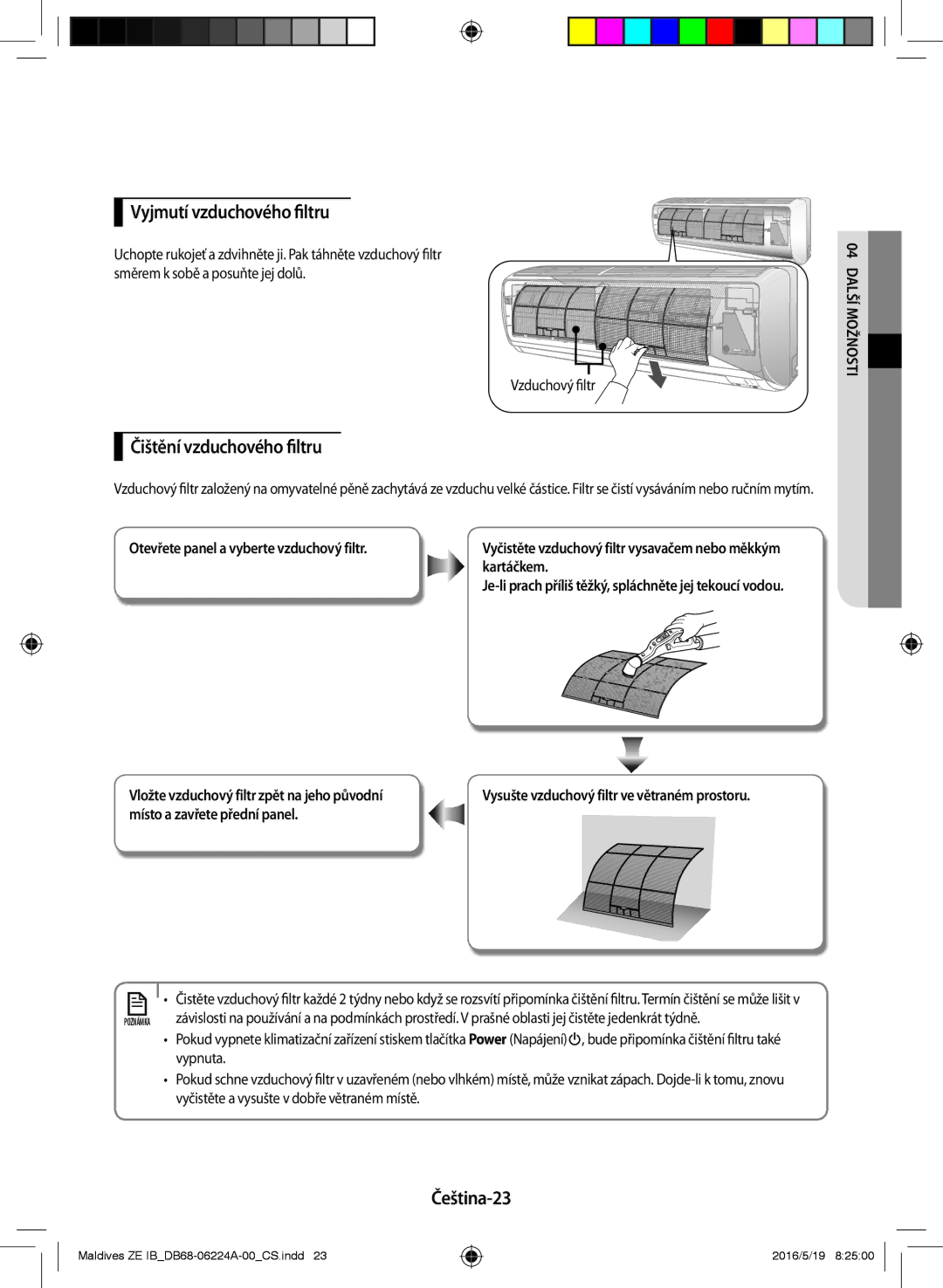 Samsung AR09JSFPEWQNZE, AR12JSFPEWQNET, AR09JSFPEWQNET Vyjmutí vzduchového filtru, Čištění vzduchového filtru, Čeština-23 