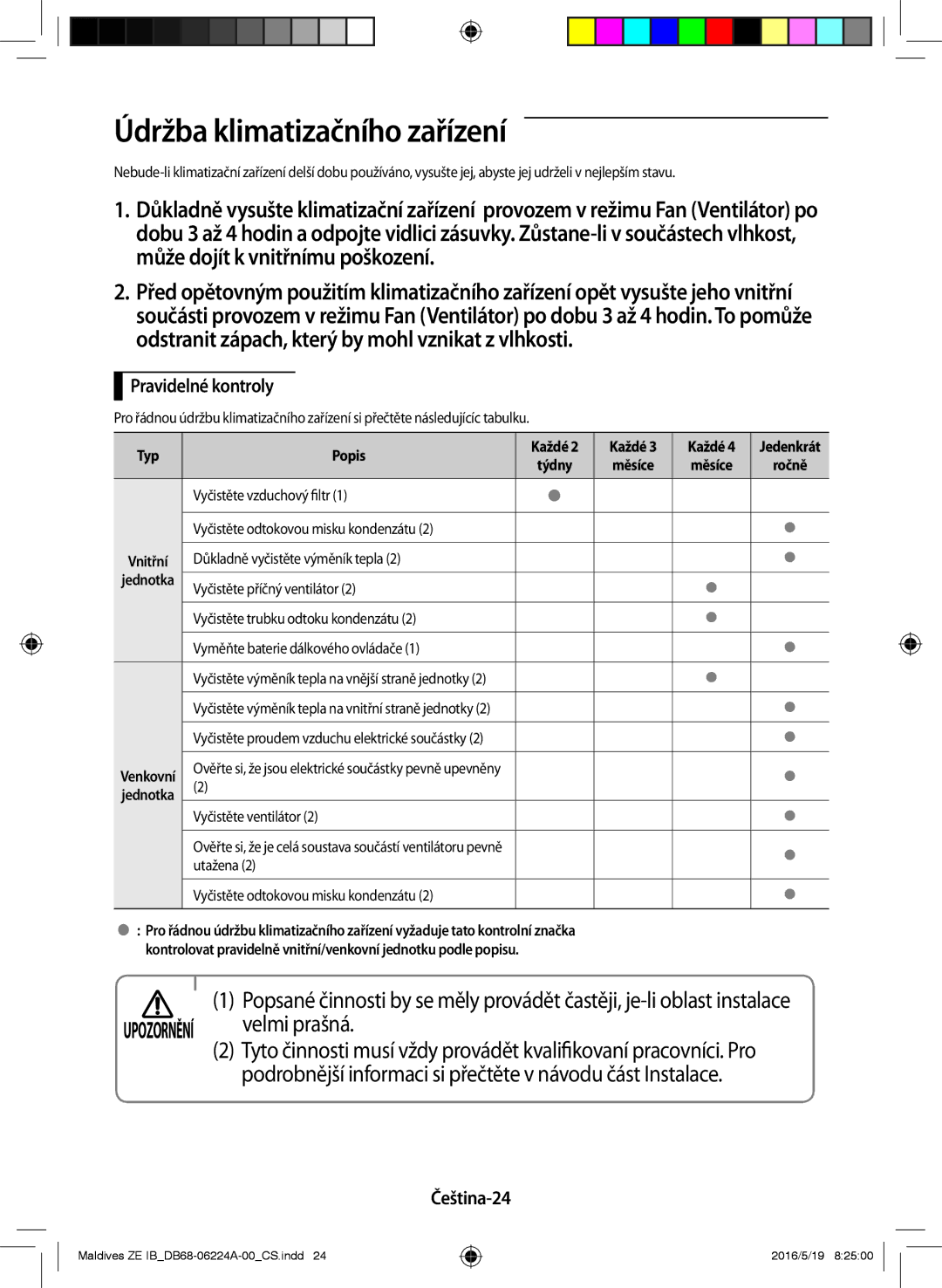 Samsung AR12JSFPEWQNET, AR09JSFPEWQNET, AR09JSFPEWQNZE manual Údržba klimatizačního zařízení, Velmi prašná, Čeština-24 