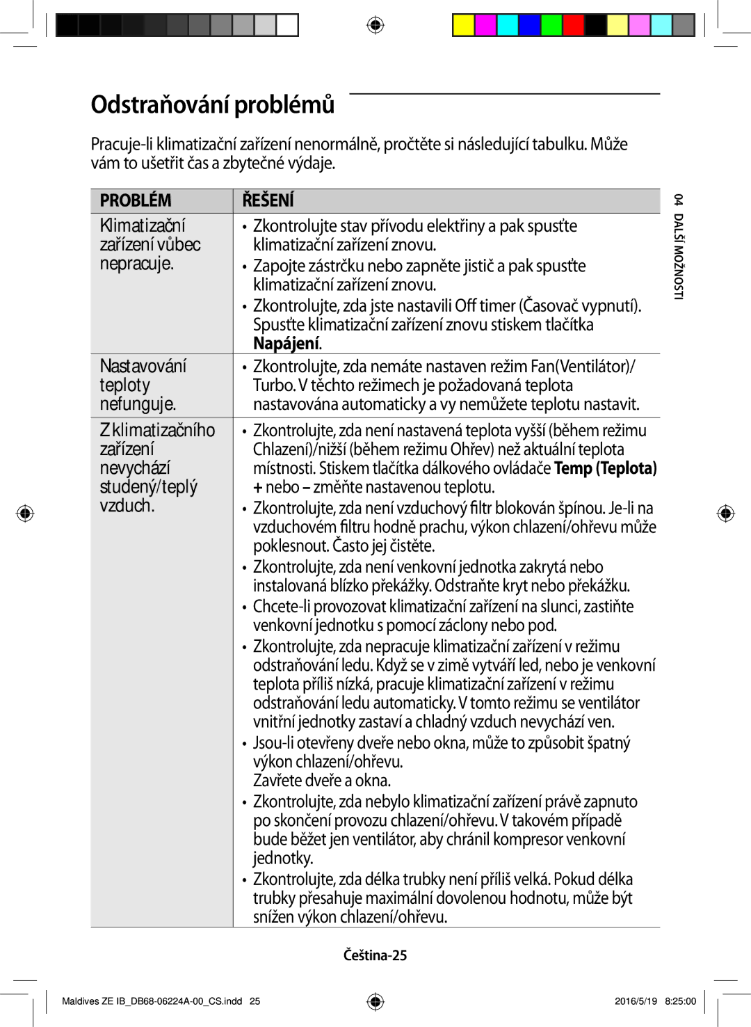 Samsung AR09JSFPEWQNET, AR12JSFPEWQNET, AR09JSFPEWQNZE manual Odstraňování problémů 