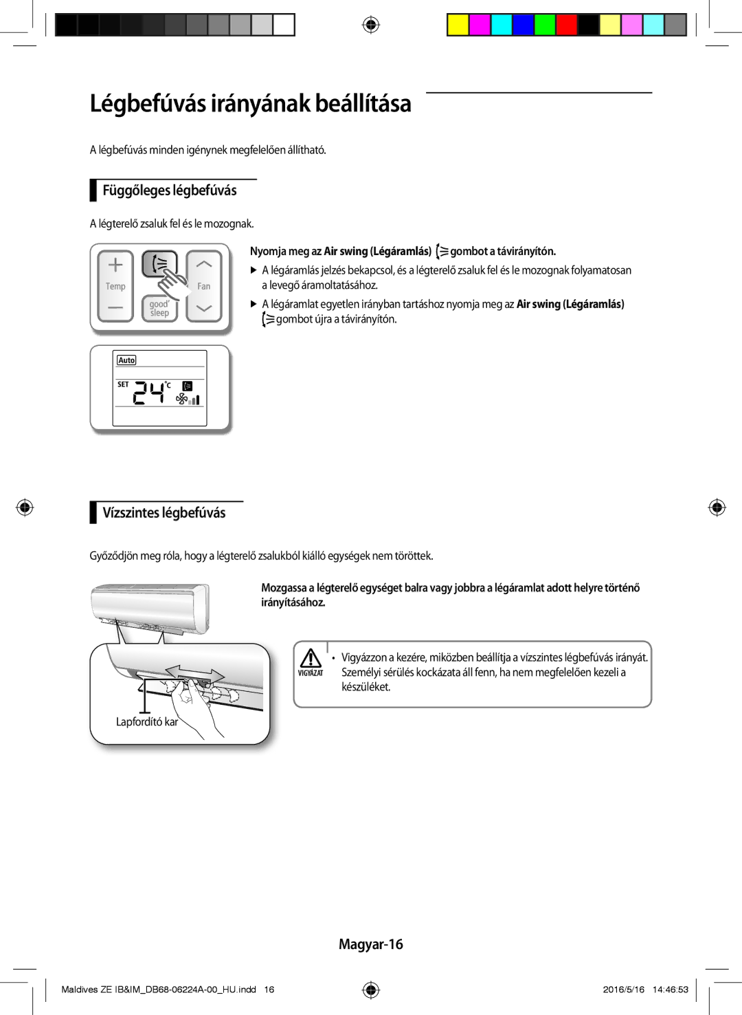 Samsung AR09JSFPEWQNET manual Légbefúvás irányának beállítása, Függőleges légbefúvás, Vízszintes légbefúvás, Magyar-16 