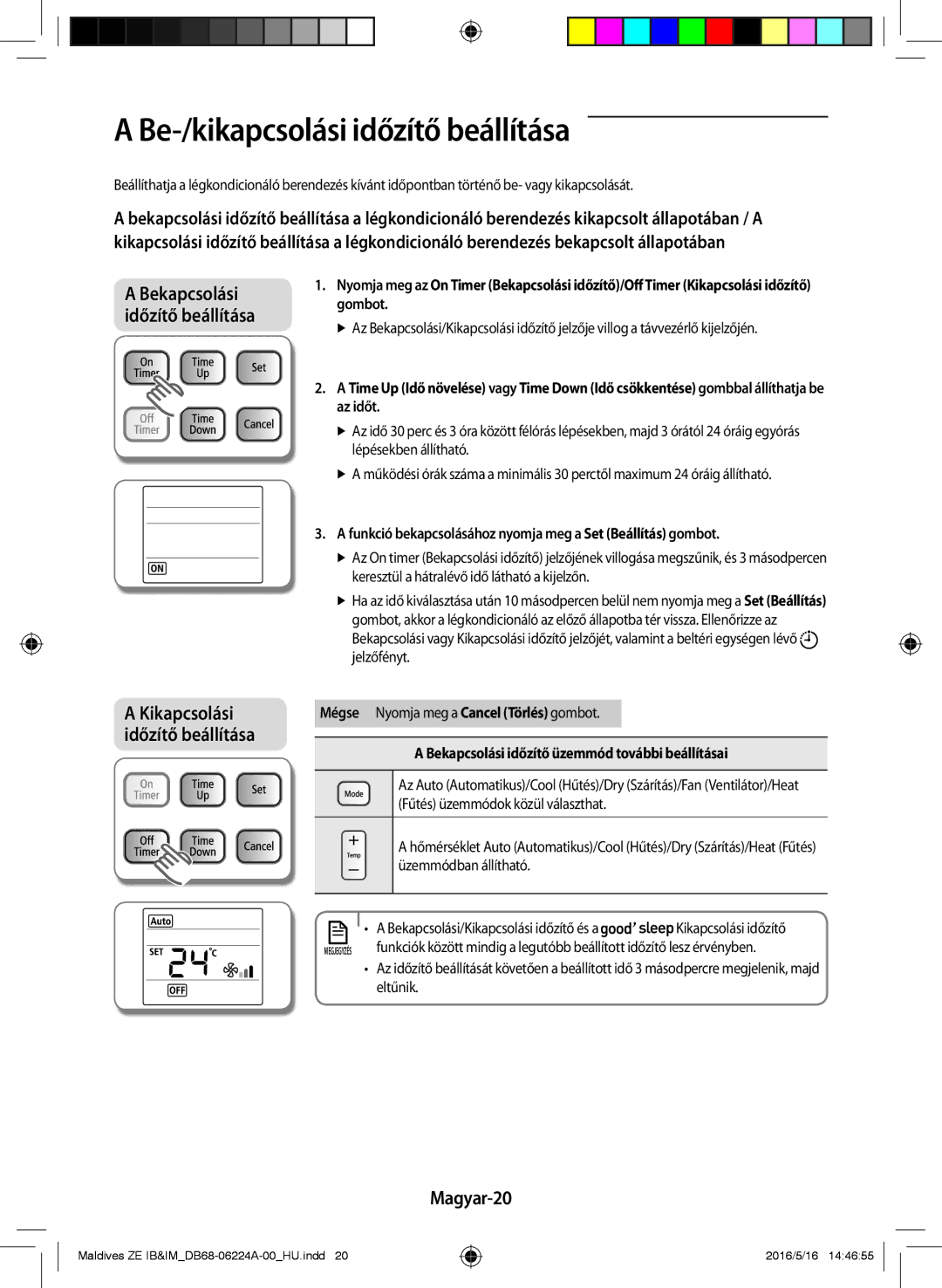 Samsung AR09JSFPEWQNZE, AR12JSFPEWQNET, AR09JSFPEWQNET manual Be-/kikapcsolási időzítő beállítása, Magyar-20 