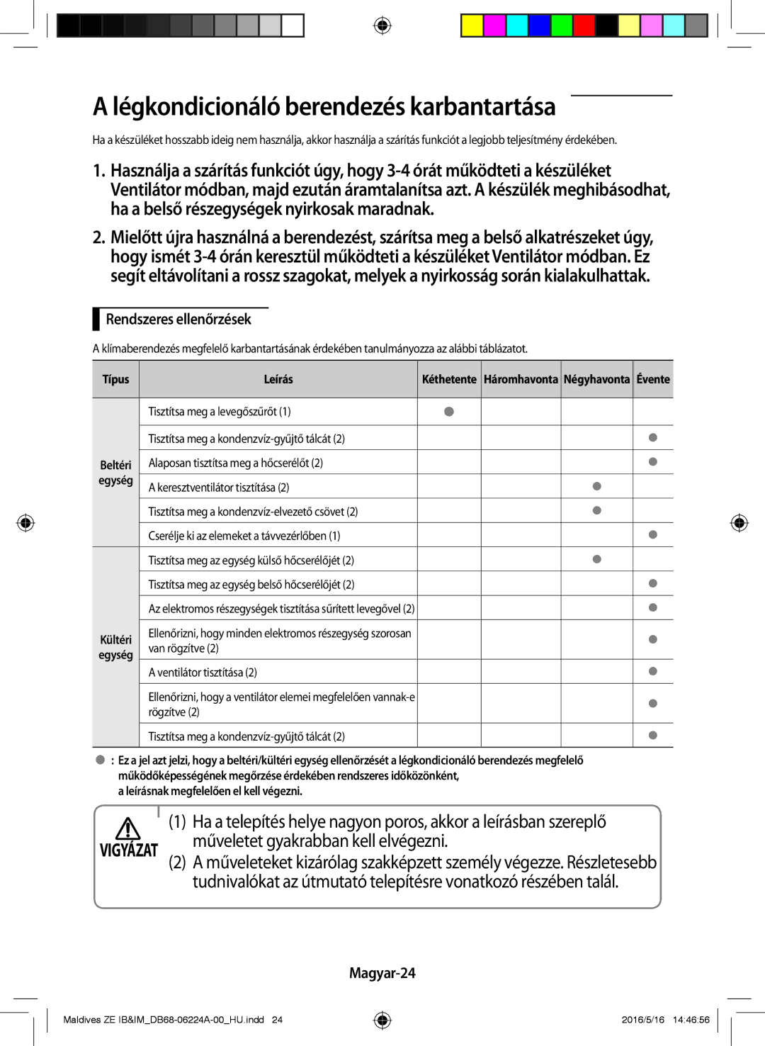 Samsung AR12JSFPEWQNET, AR09JSFPEWQNET manual Légkondicionáló berendezés karbantartása, Rendszeres ellenőrzések, Magyar-24 