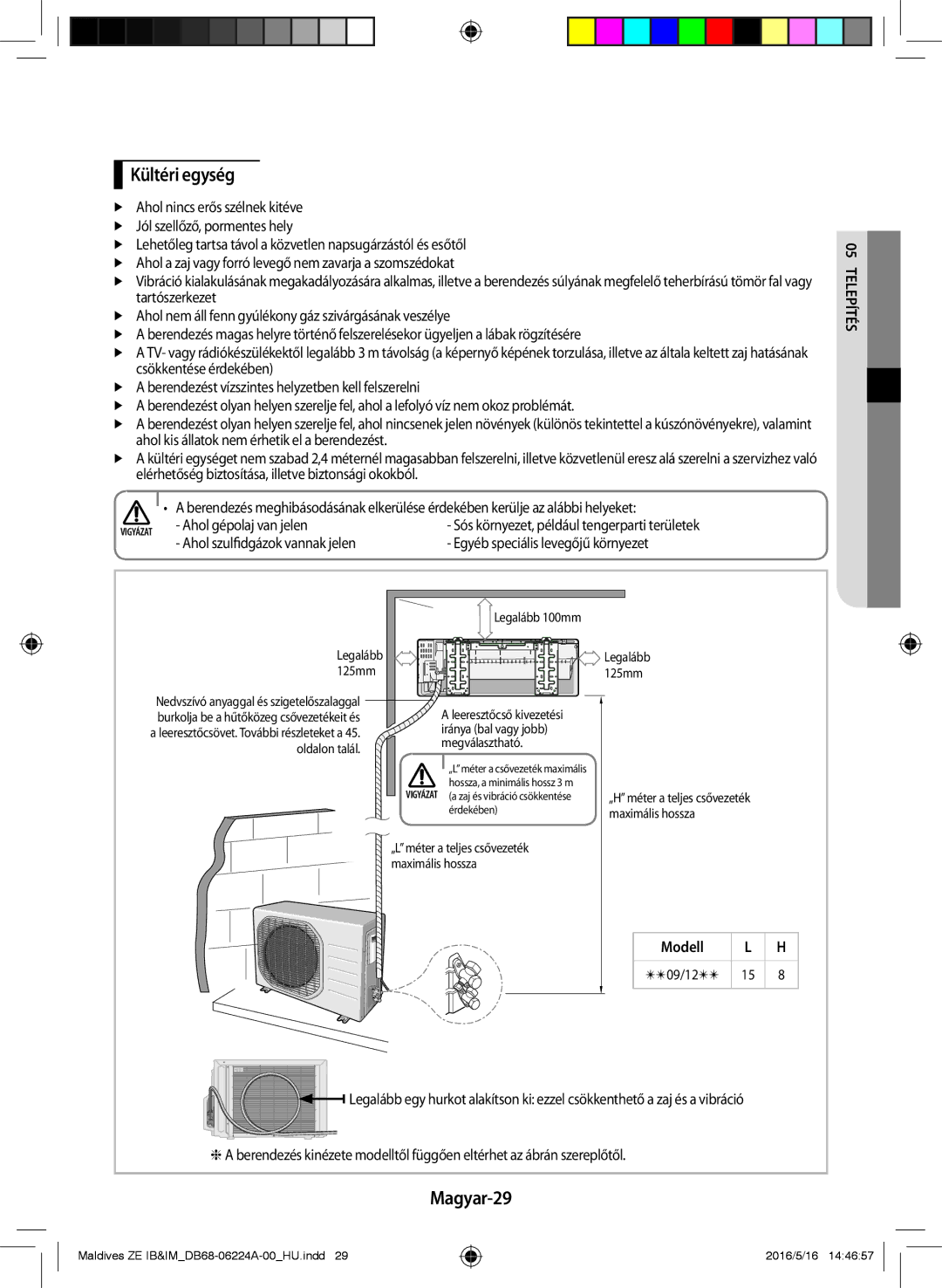 Samsung AR09JSFPEWQNZE manual Kültéri egység, Magyar-29, Ahol gépolaj van jelen, Ahol szulfidgázok vannak jelen, Modell 