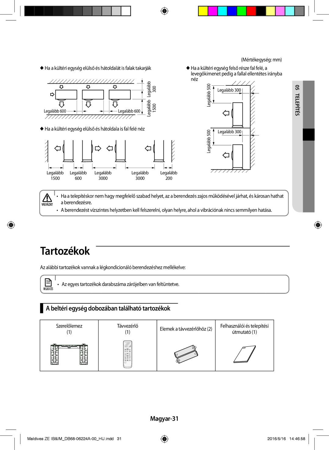 Samsung AR09JSFPEWQNET, AR12JSFPEWQNET, AR09JSFPEWQNZE Tartozékok, Beltéri egység dobozában található tartozékok, Magyar-31 