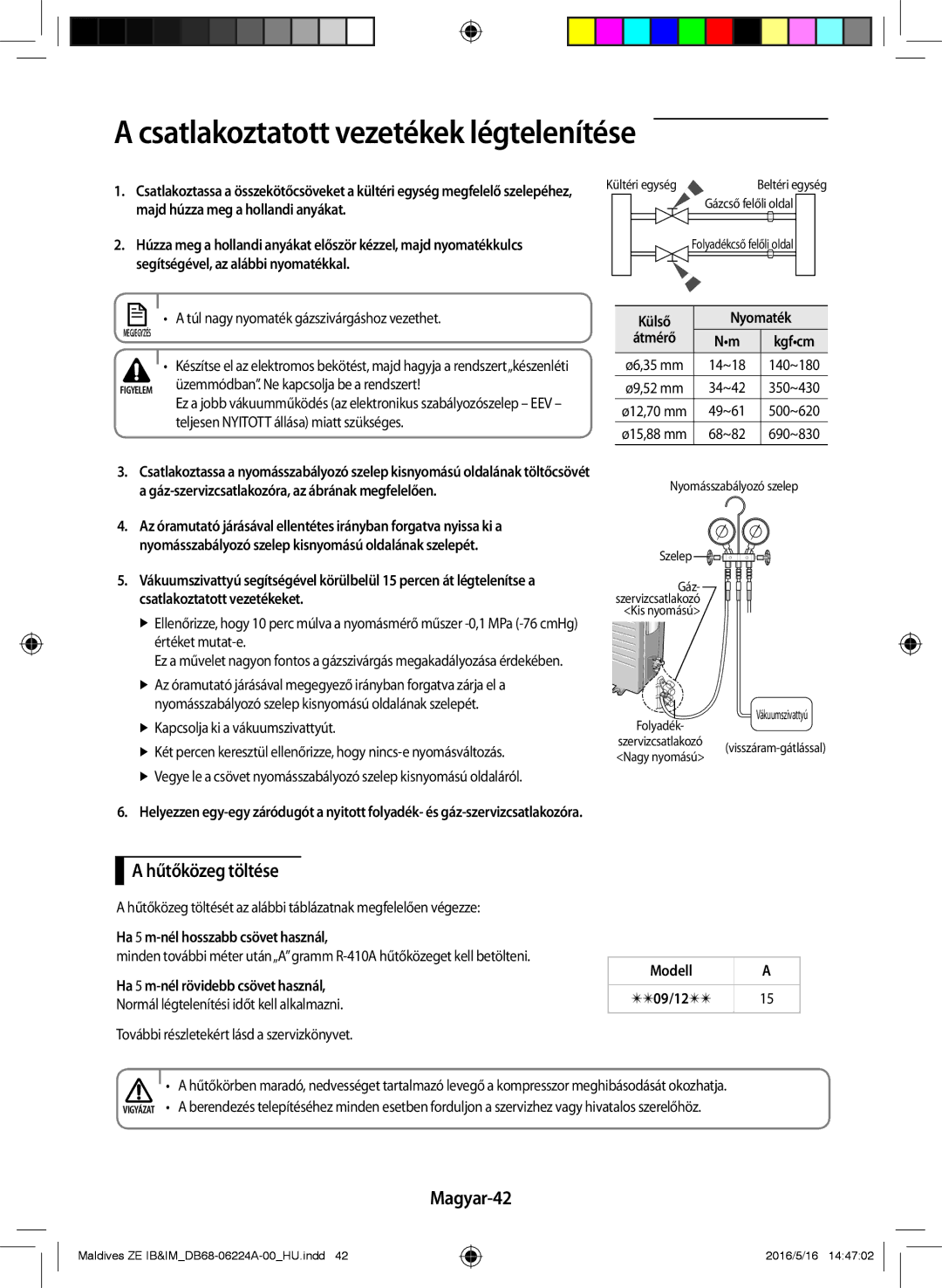 Samsung AR12JSFPEWQNET, AR09JSFPEWQNET, AR09JSFPEWQNZE manual Hűtőközeg töltése, Magyar-42 