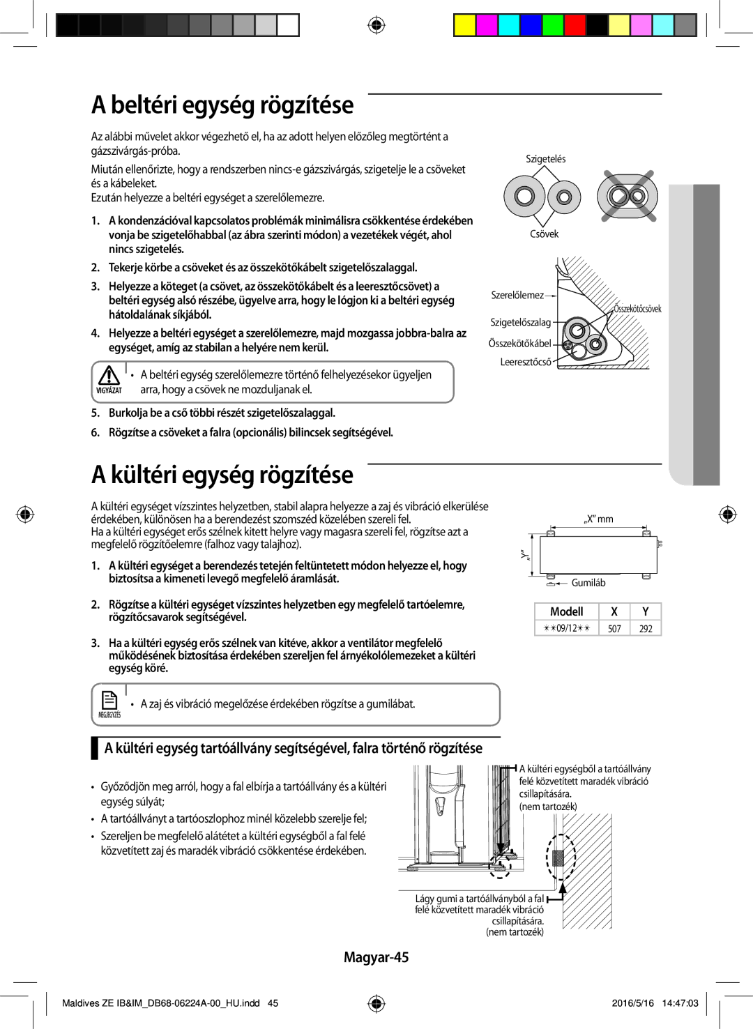 Samsung AR12JSFPEWQNET, AR09JSFPEWQNET, AR09JSFPEWQNZE manual Beltéri egység rögzítése, Kültéri egység rögzítése, Magyar-45 