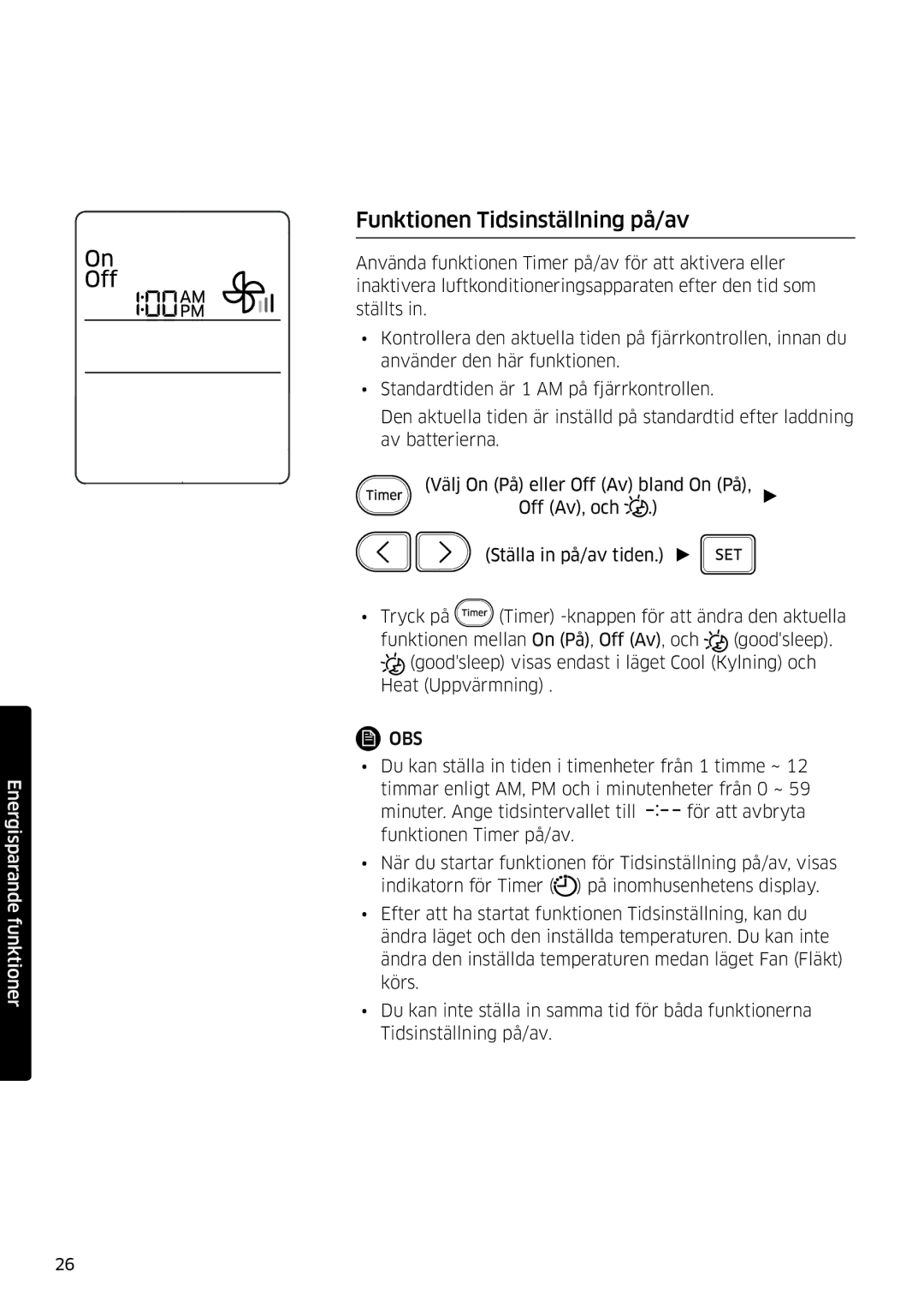 Samsung AR09JSFPPWQNEE, AR12JSFPPWQNEE manual Funktionen Tidsinställning på/av 