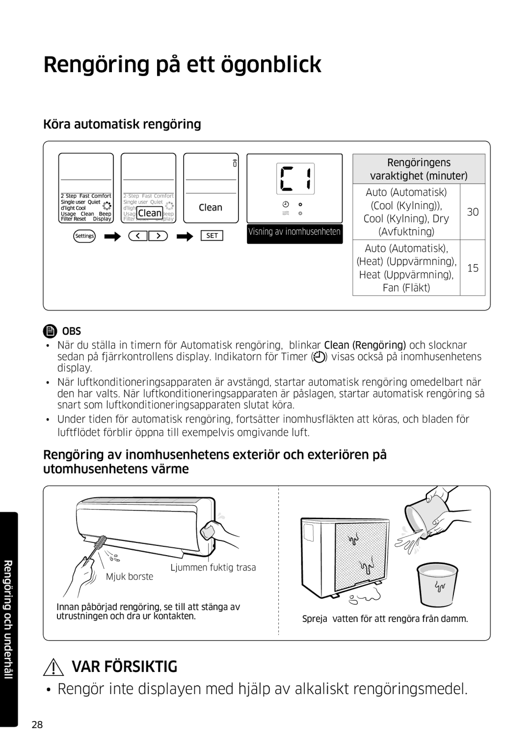 Samsung AR09JSFPPWQNEE, AR12JSFPPWQNEE manual Rengöring på ett ögonblick, Köra automatisk rengöring 