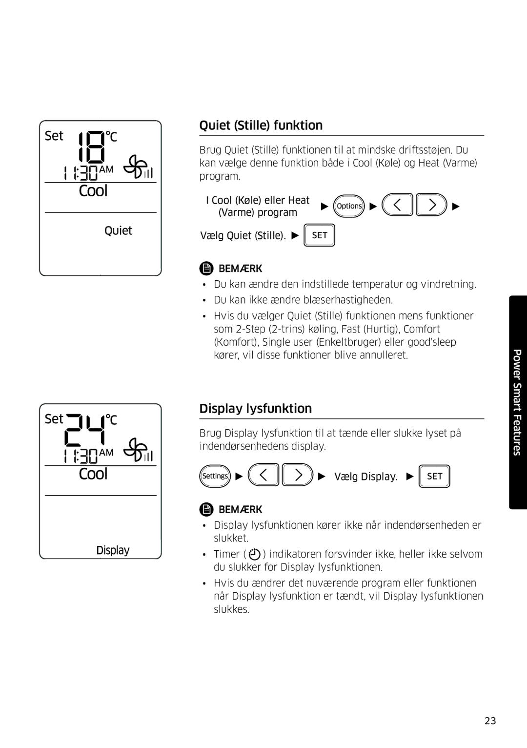 Samsung AR12JSFPPWQNEE, AR09JSFPPWQNEE manual Quiet Stille funktion, Display lysfunktion 