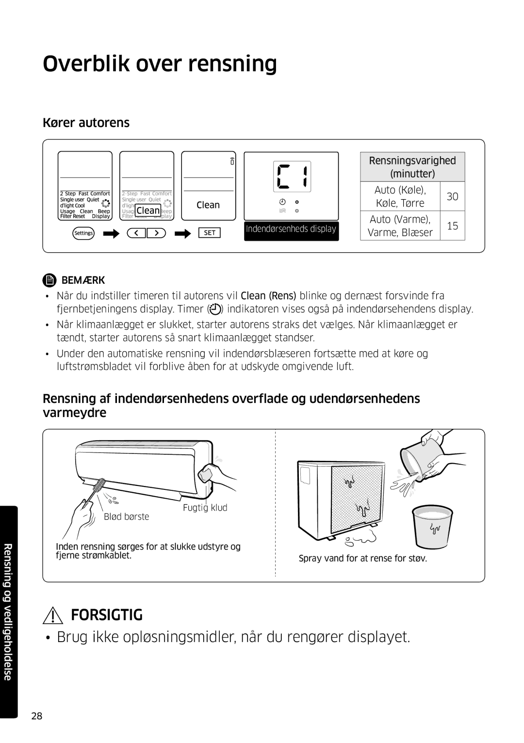 Samsung AR09JSFPPWQNEE, AR12JSFPPWQNEE manual Overblik over rensning, Kører autorens 