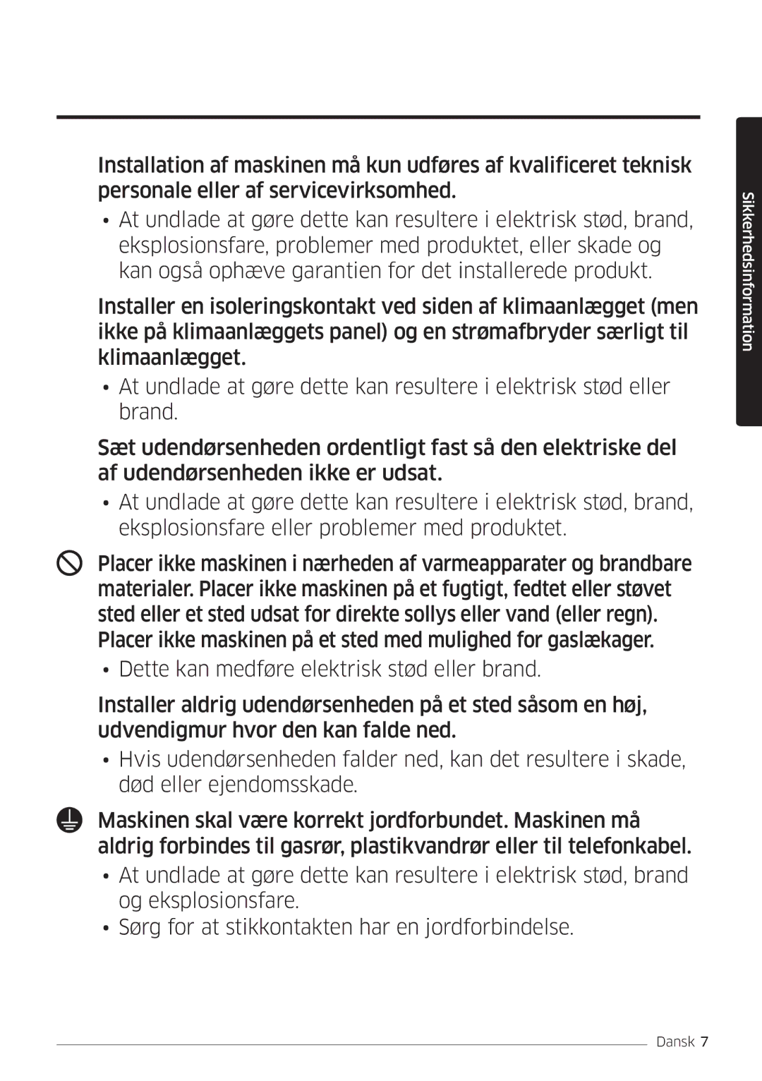 Samsung AR12JSFPPWQNEE, AR09JSFPPWQNEE manual Sikkerhedsinformation 